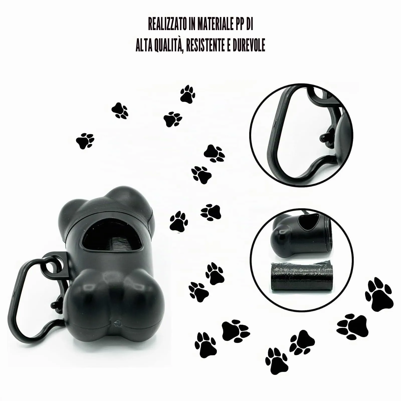 GVSS Distributore di Sacchetti per Cacca di Cane Nero 8 x 5 cm, Sacchetto per Cacca di Cane a Forma di Osso con 1 Rotolo di Sacchetti per Cane, Supporto per Sacchetti per Cacca di Cane - immagine 3