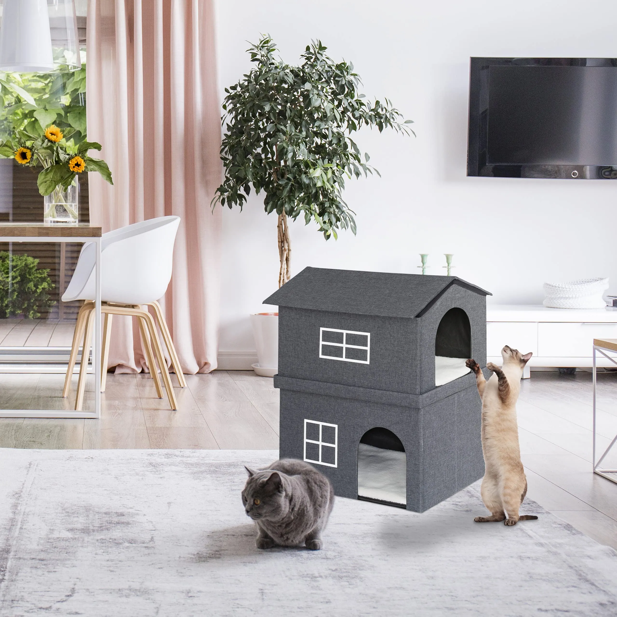 Relaxdays Casetta per Gatti, Rifugio Soffice, Cuccia Pieghevole a 2 Entrate, HxLxP: 71,5 x 62,5 x 44 cm, Grigio Scuro - immagine 2