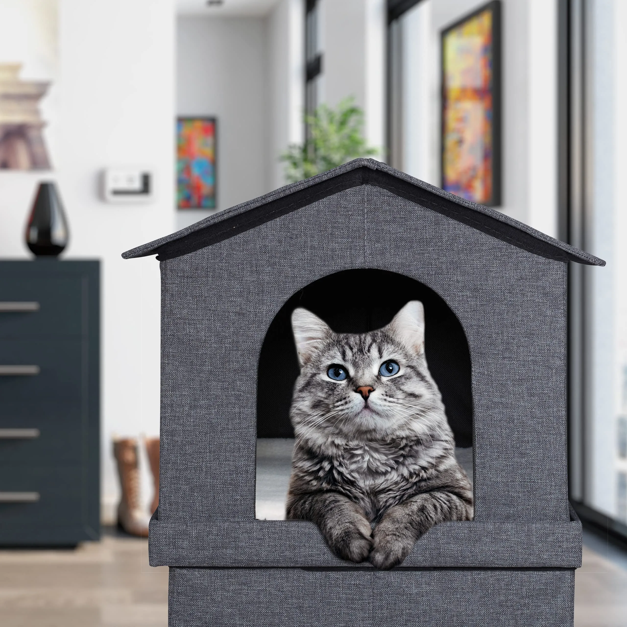 Relaxdays Casetta per Gatti, Rifugio Soffice, Cuccia Pieghevole a 2 Entrate, HxLxP: 71,5 x 62,5 x 44 cm, Grigio Scuro - immagine 3