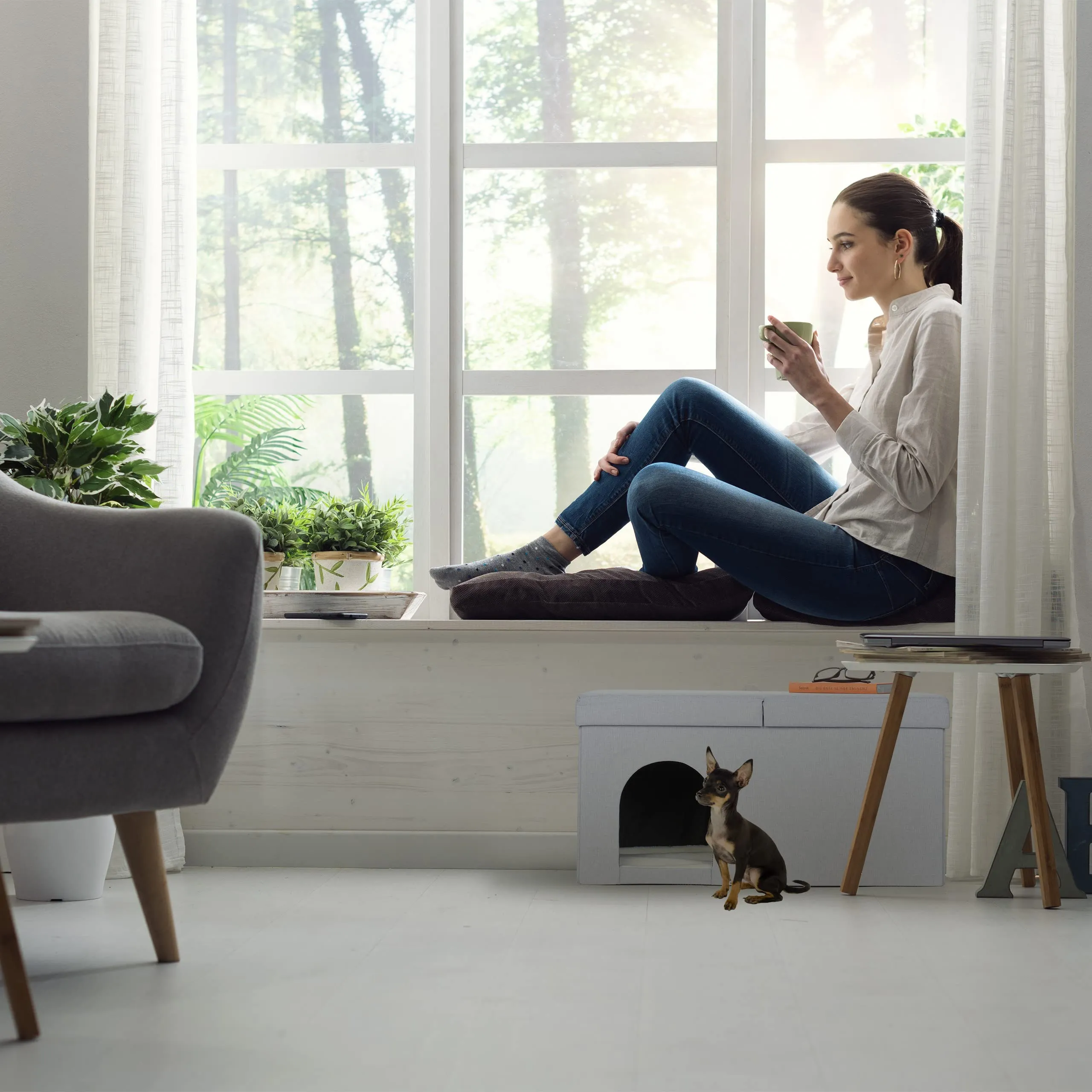 Relaxdays Cassapanca con Cuccia per Gatti e Cani Piccoli, Panca con Tana per Animali, HLP 38,5 x 74,5 x 37 cm, Grigio - immagine 3