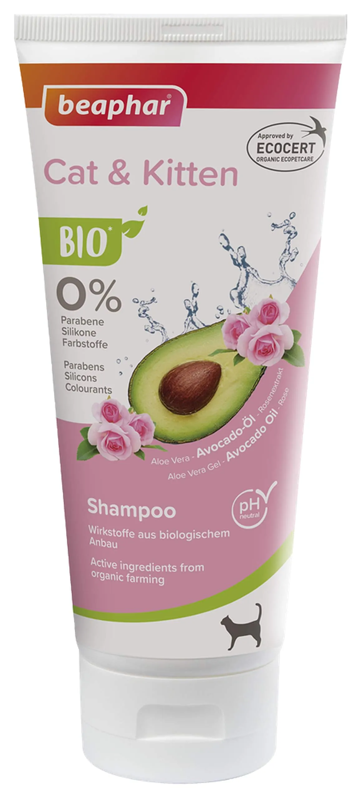 Beaphar Bio Shampoo Gatti, Ottimo per la Cute di Gatti e Gattini, con Gel di Aloe Vera da Agricoltura Biologica, Arricchito con Olio di Avocado e Rosa, Certificato ECOCERT, PH Neutro, 200 ml - immagine 1
