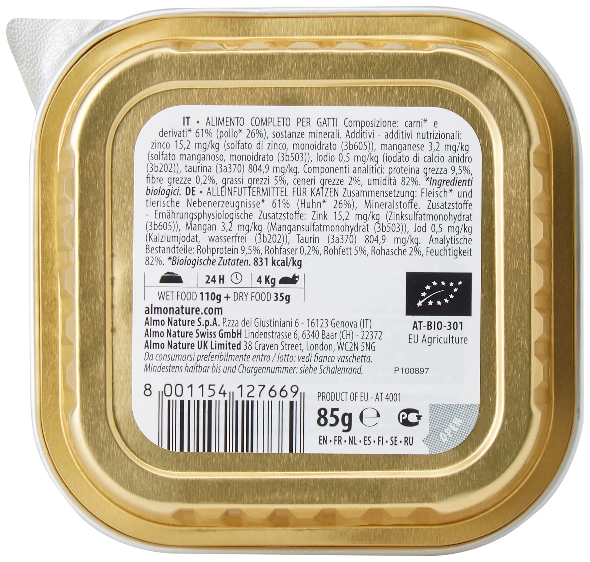 Almo Nature Bio Organic - Cibo Umido per Gatti Adulti al Pollo - 100% Biologico, Senza OGM e Conservanti - 85g, Confezione da 19 - immagine 3