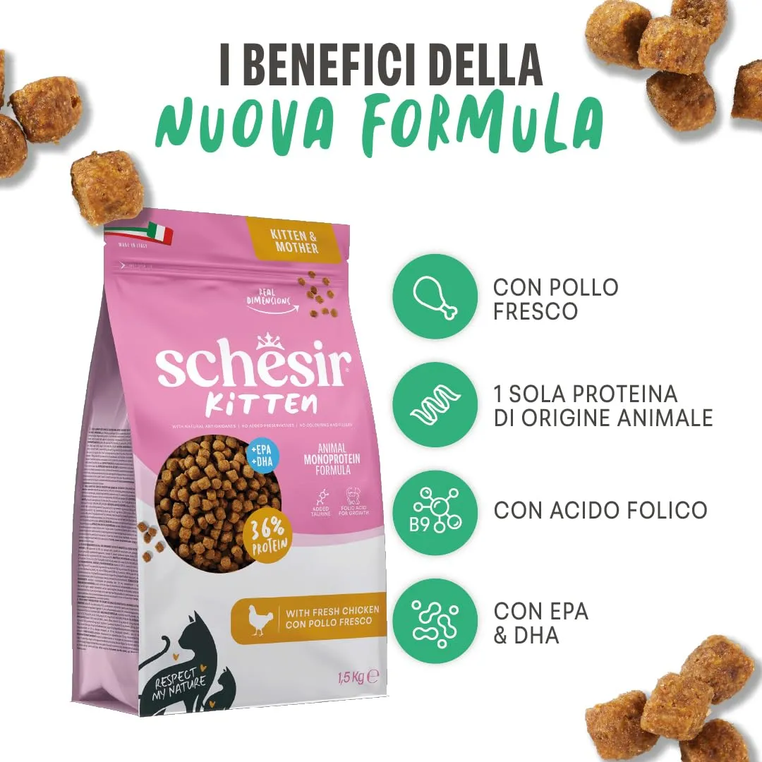 Schesir Animal Monoprotein Kitten Pollo, Croccantini per Gatti Adulti, Alimento Secco Monoproteico, Vitamine Aggiunte, Senza Conservanti e Coloranti, 10 kg - immagine 2
