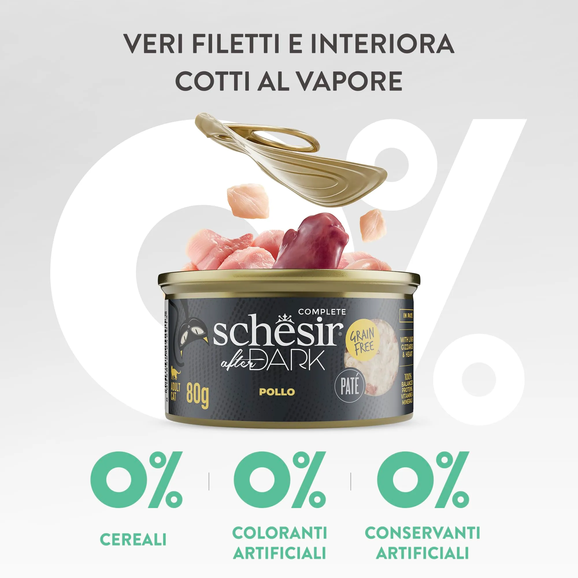 Schesir After Dark, Filetti di Pollo in Patè, Alimento Umido Completo per Gatti, in Lattina, Grain Free, Alto Contenuto di Proteine, Fonte di Idratazione, 12 x 80 g - immagine 7