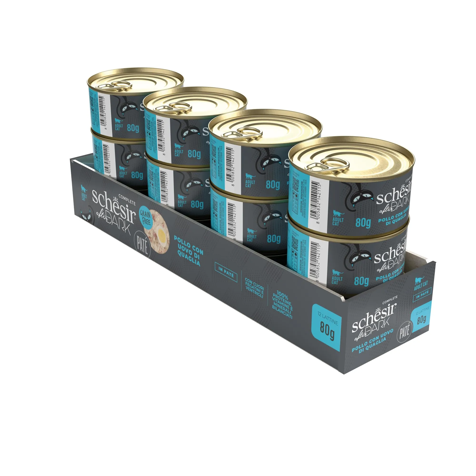 Schesir After Dark, Filetti di Pollo con Uova di Quaglia in Patè, Alimento Umido Completo per Gatti, in Lattina, Grain Free, Alto Contenuto di Proteine, Fonte di Idratazione, 12 x 80 g - immagine 3