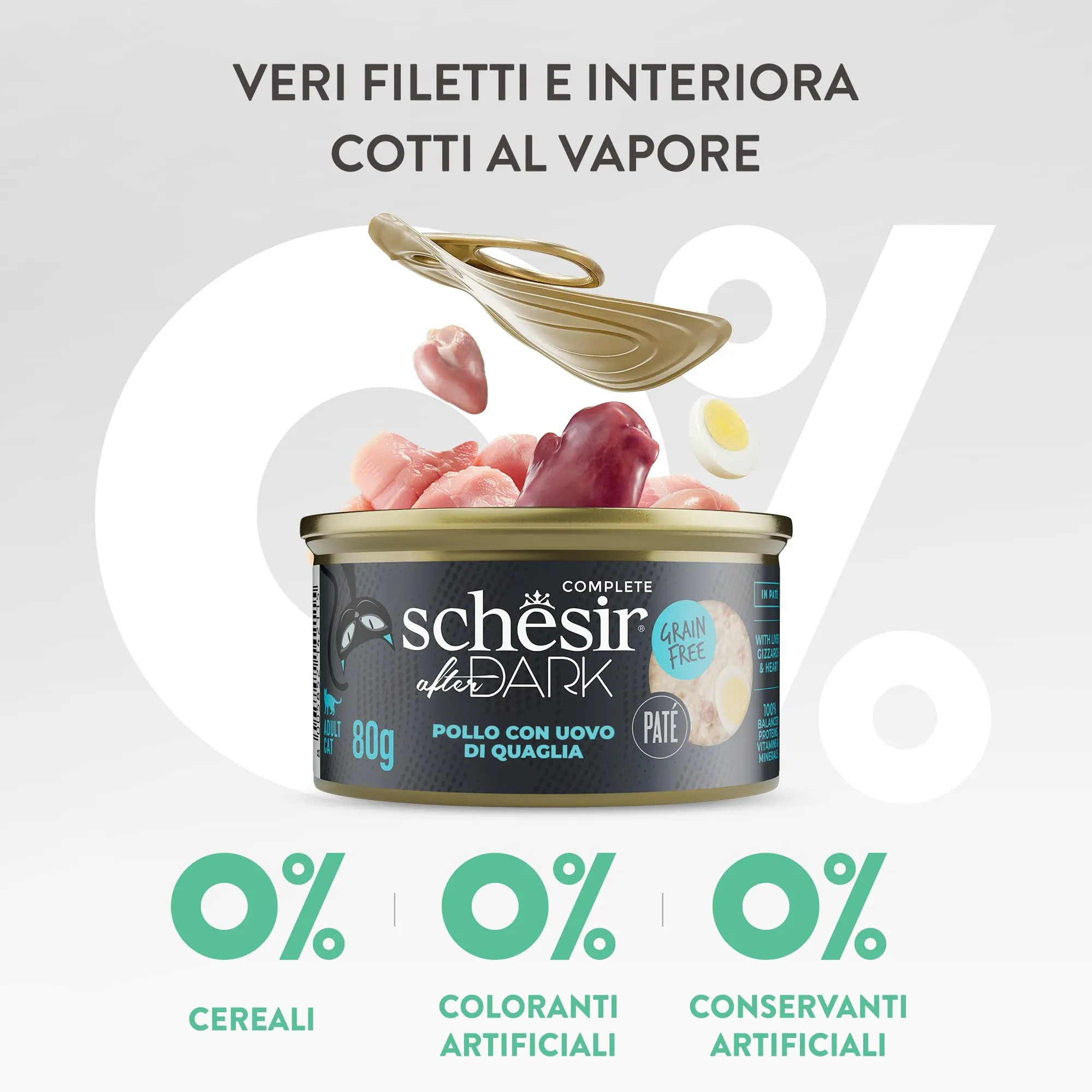 Schesir After Dark, Filetti di Pollo con Uova di Quaglia in Patè, Alimento Umido Completo per Gatti, in Lattina, Grain Free, Alto Contenuto di Proteine, Fonte di Idratazione, 12 x 80 g - immagine 7