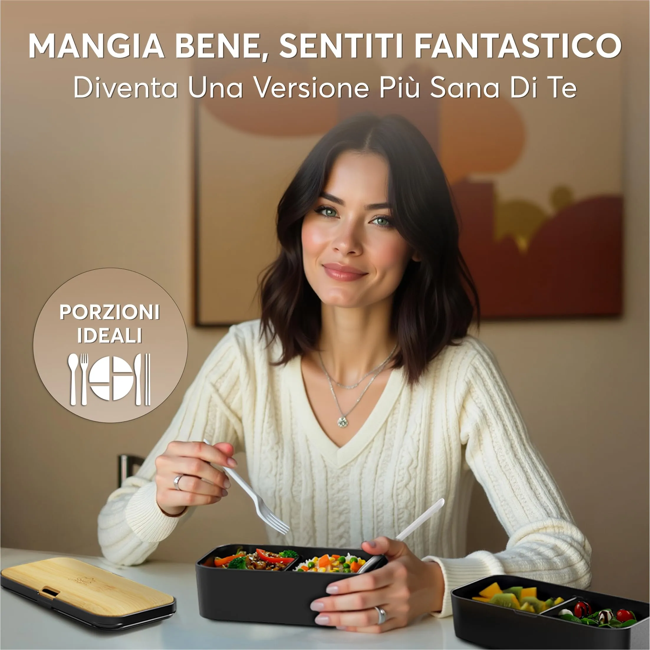 Umami Porta Pranzo Adulti Ermetico, Bento Box con Scomparti e 4 Posate - immagine 2