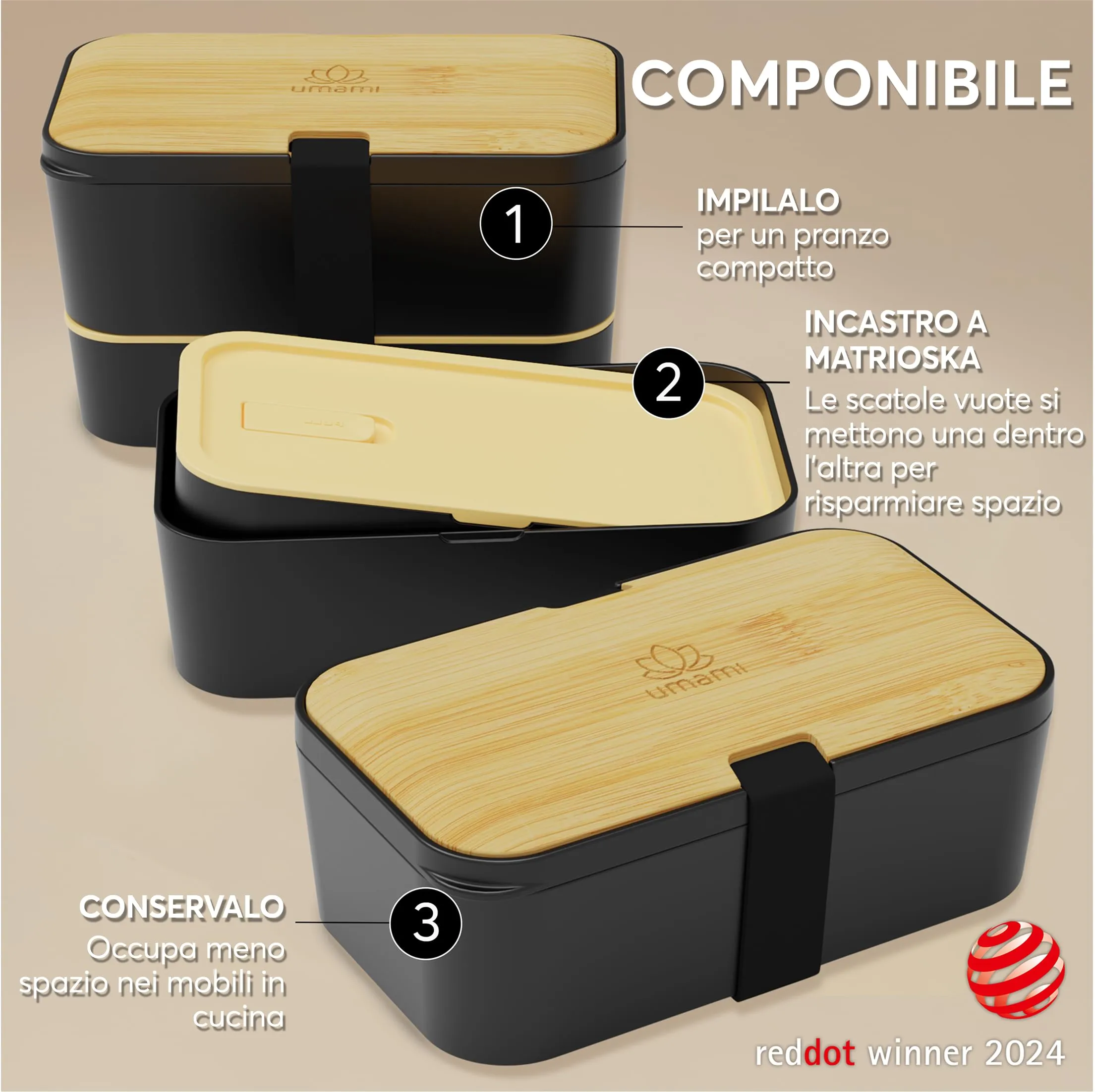 Umami Porta Pranzo Adulti Ermetico, Bento Box con Scomparti e 4 Posate - immagine 3