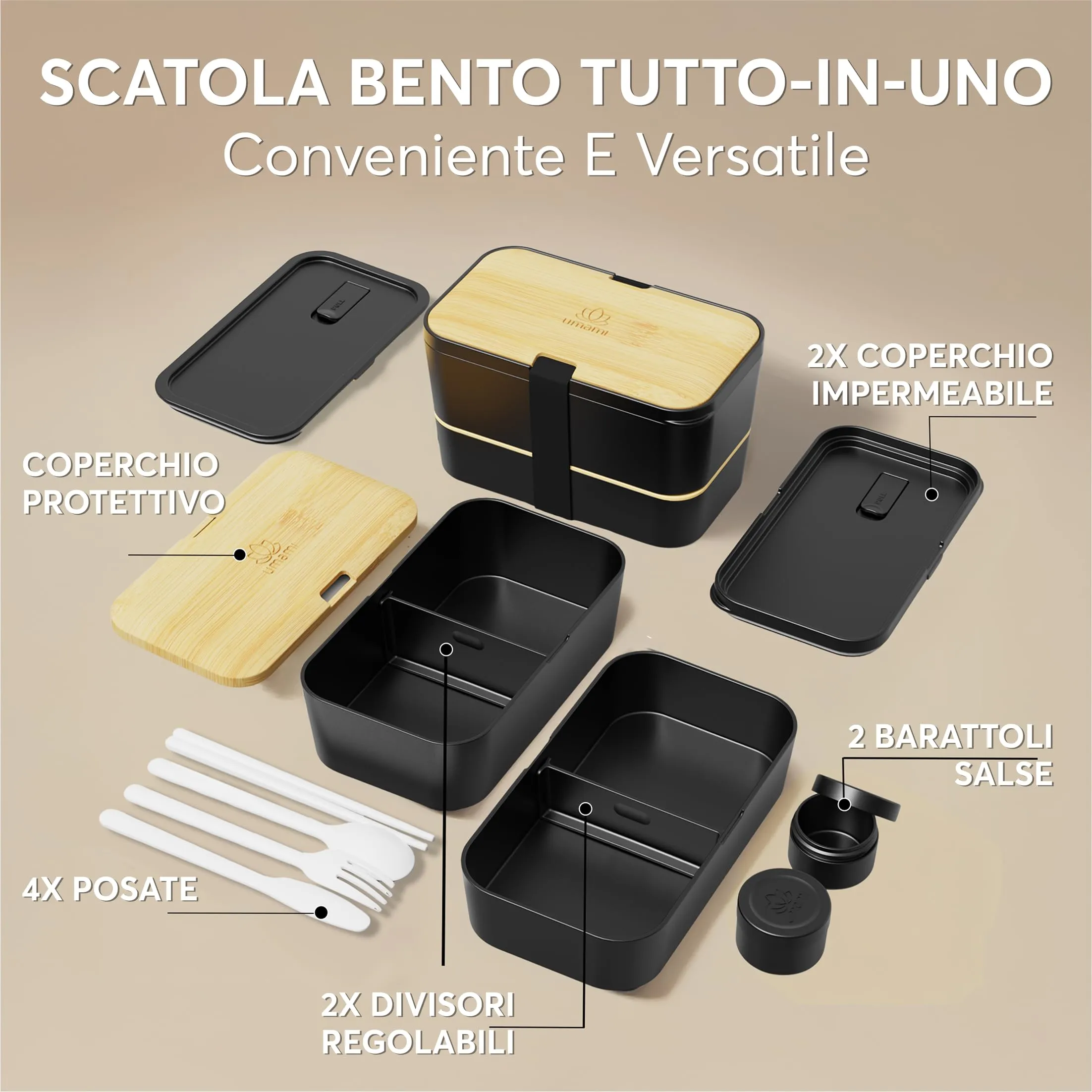 Umami Porta Pranzo Adulti Ermetico, Bento Box con Scomparti e 4 Posate - immagine 4