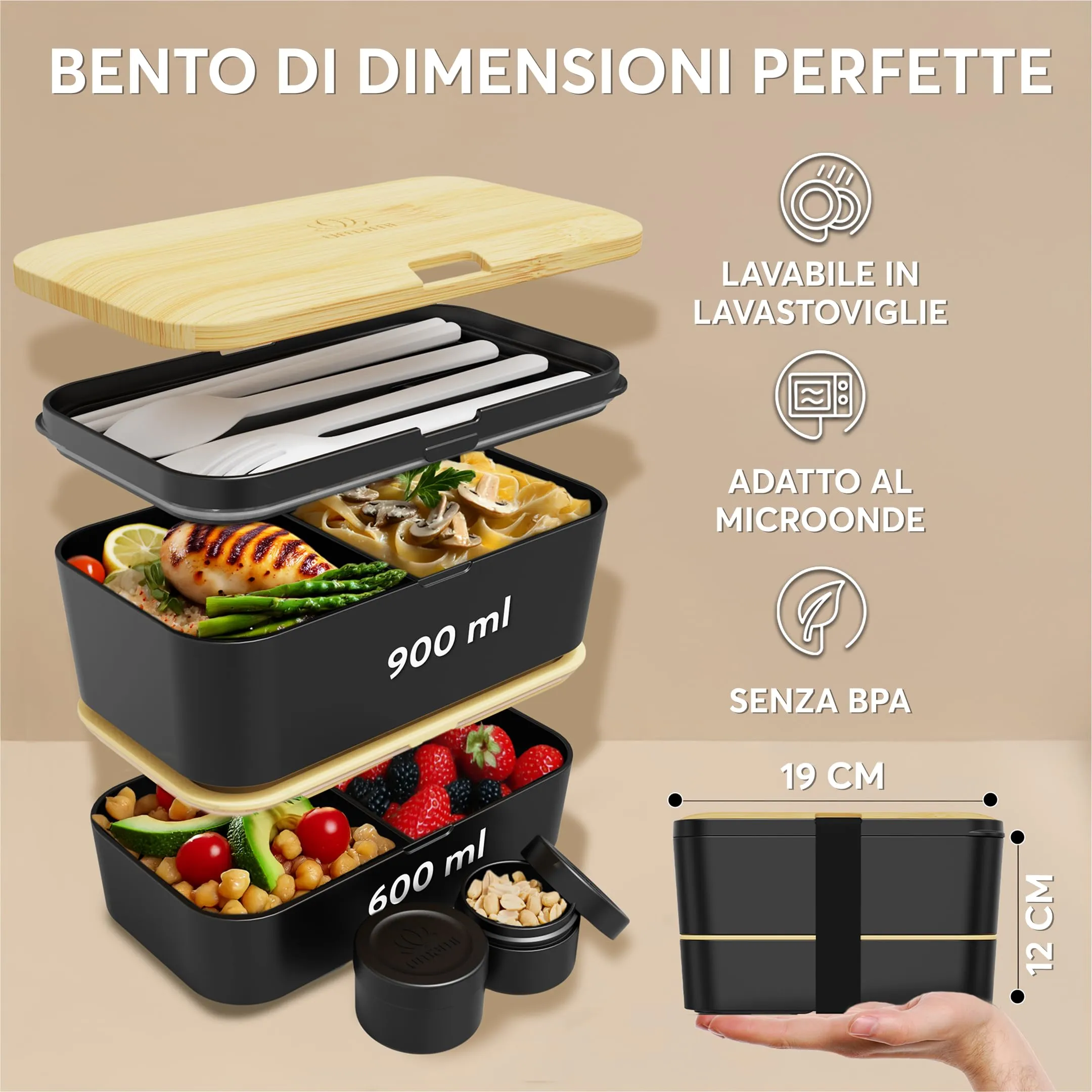 Umami Porta Pranzo Adulti Ermetico, Bento Box con Scomparti e 4 Posate - immagine 6