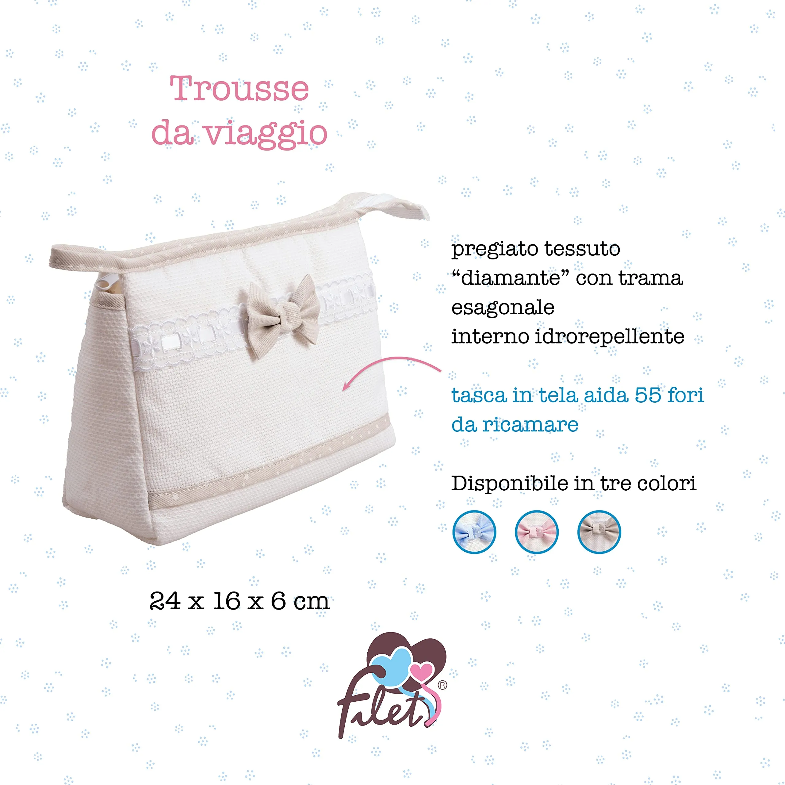 Filet - Trousse da viaggio in cotone con interno impermeabile | Chiusura con cerniera | Tela aida ricamabile all'esterno | Dim 24x16x6cm | Beige e bianco - immagine 4