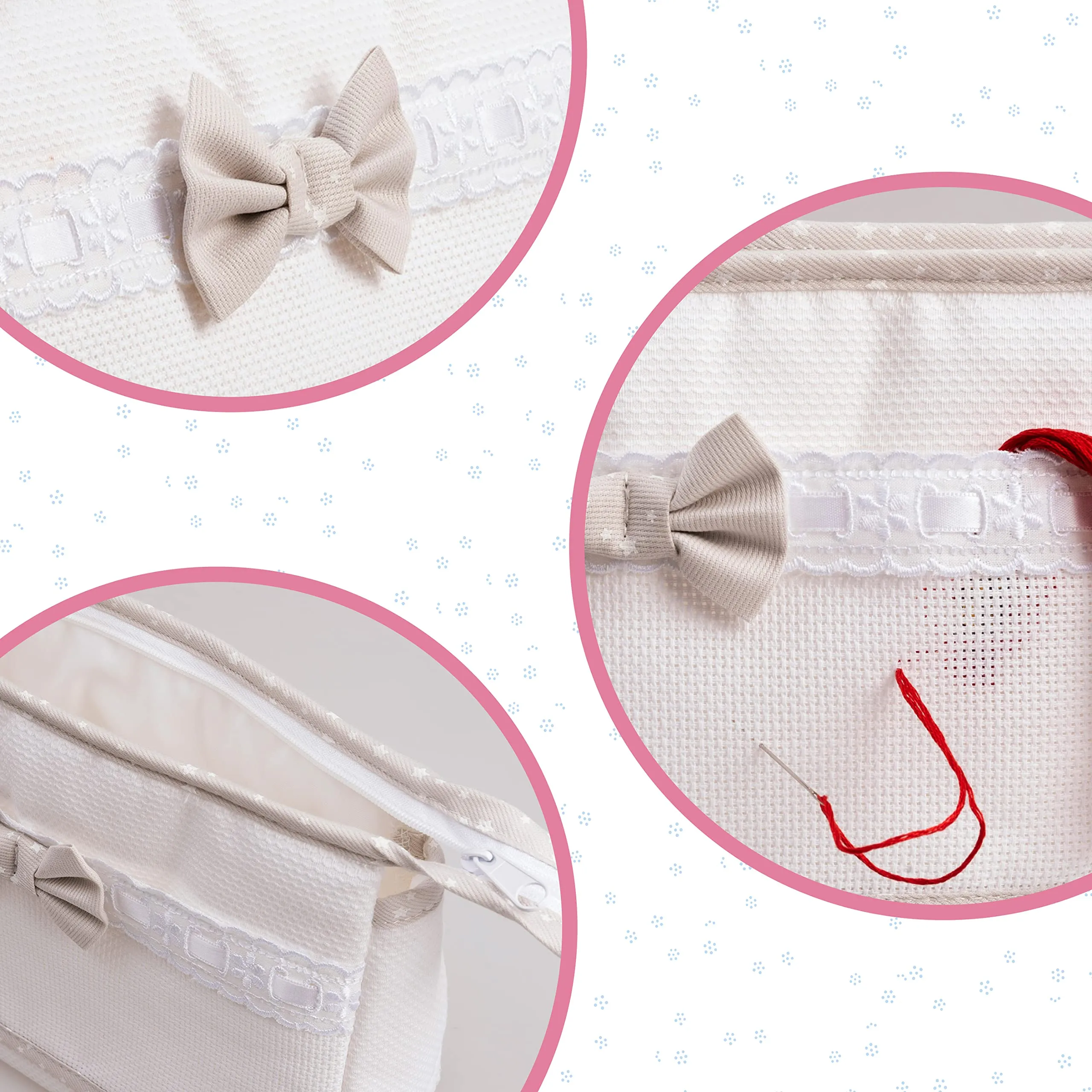 Filet - Trousse da viaggio in cotone con interno impermeabile | Chiusura con cerniera | Tela aida ricamabile all'esterno | Dim 24x16x6cm | Beige e bianco - immagine 6