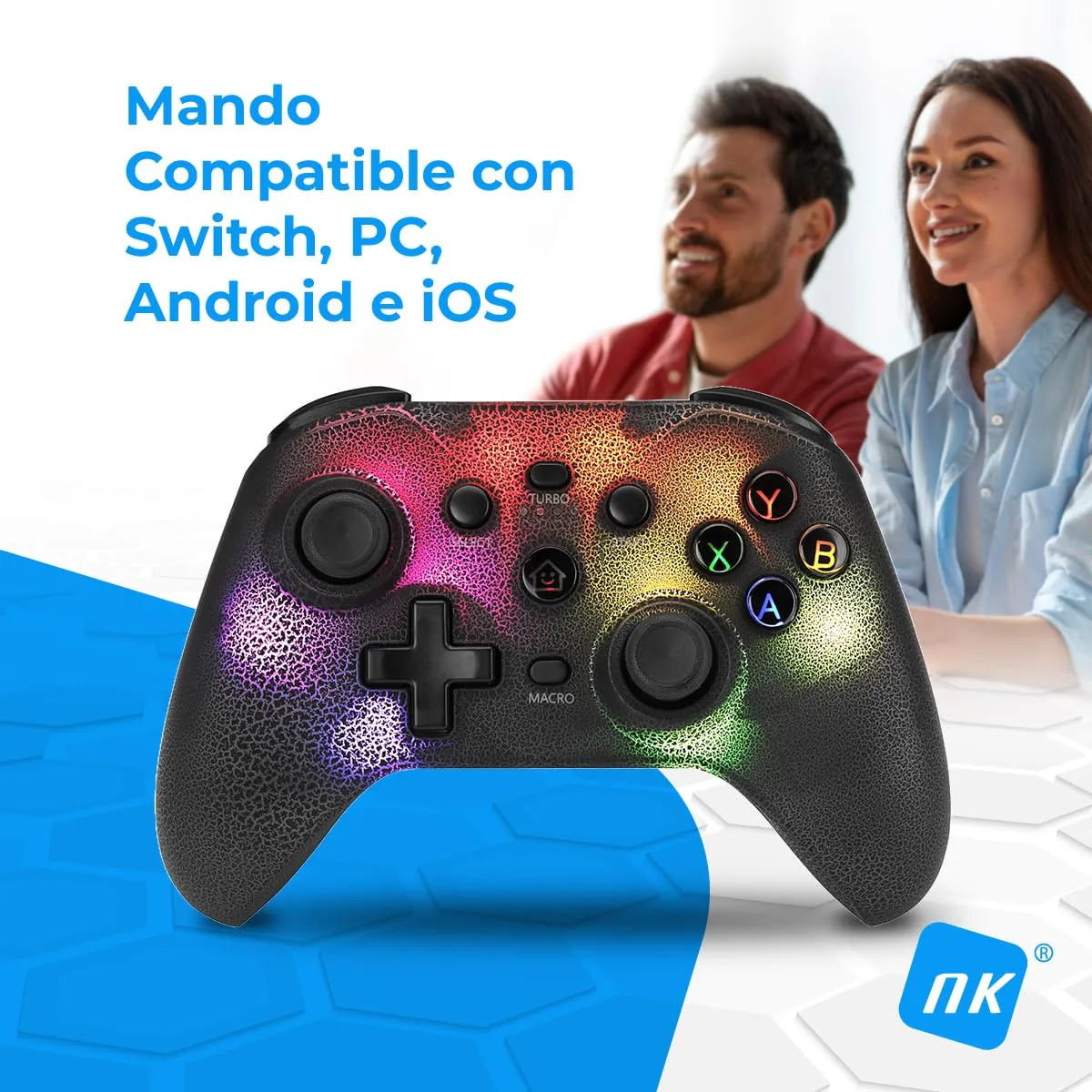 NK Controller Switch Wireless- LED RGB regolabile, Compatibile con Switch/PC/Android/iOS, Funzione Turbo, Macro, Bluetooth, 6-Axis, 4 modalità di Vibrazione - Nero (include supporto per smartphone) - immagine 2