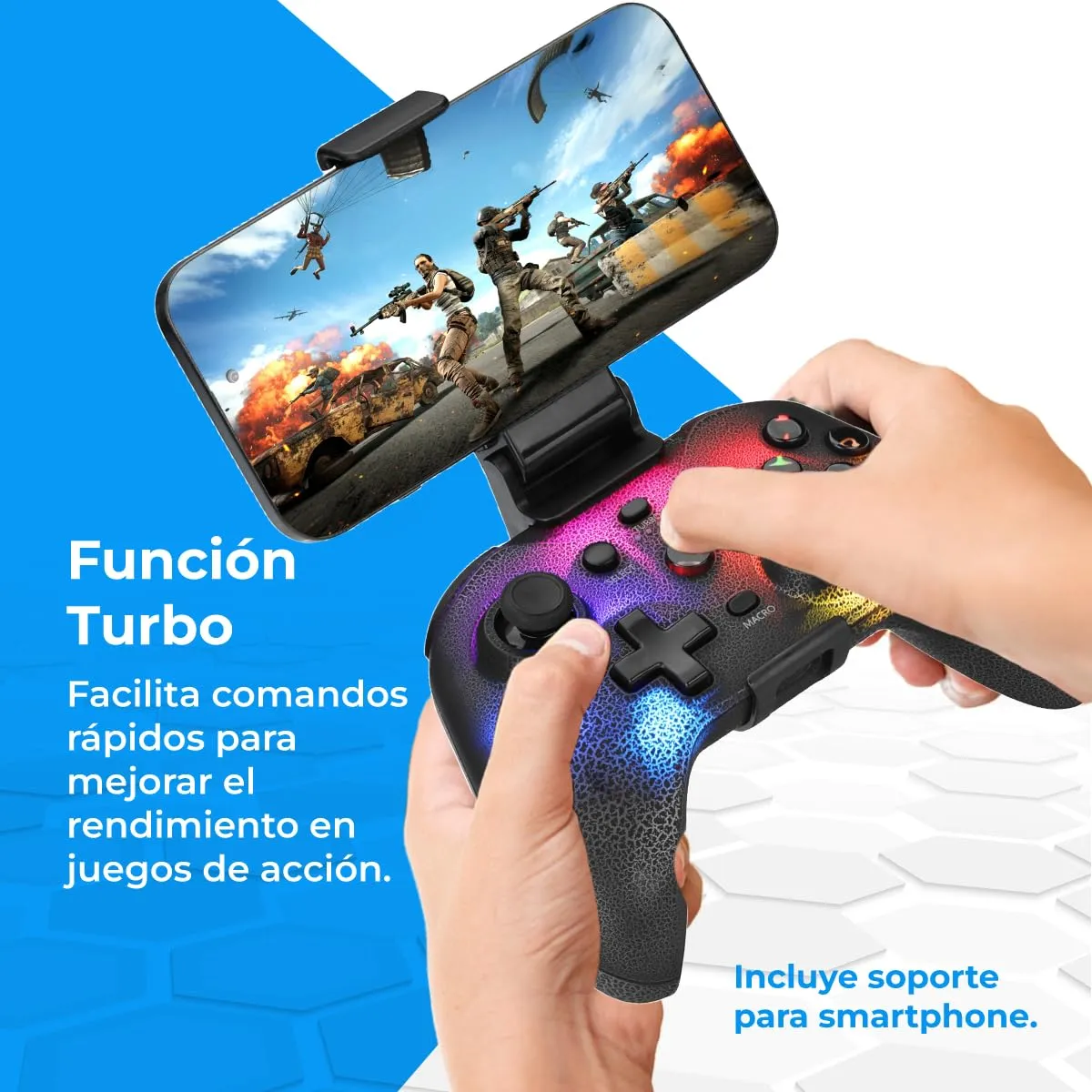 NK Controller Switch Wireless- LED RGB regolabile, Compatibile con Switch/PC/Android/iOS, Funzione Turbo, Macro, Bluetooth, 6-Axis, 4 modalità di Vibrazione - Nero (include supporto per smartphone) - immagine 4