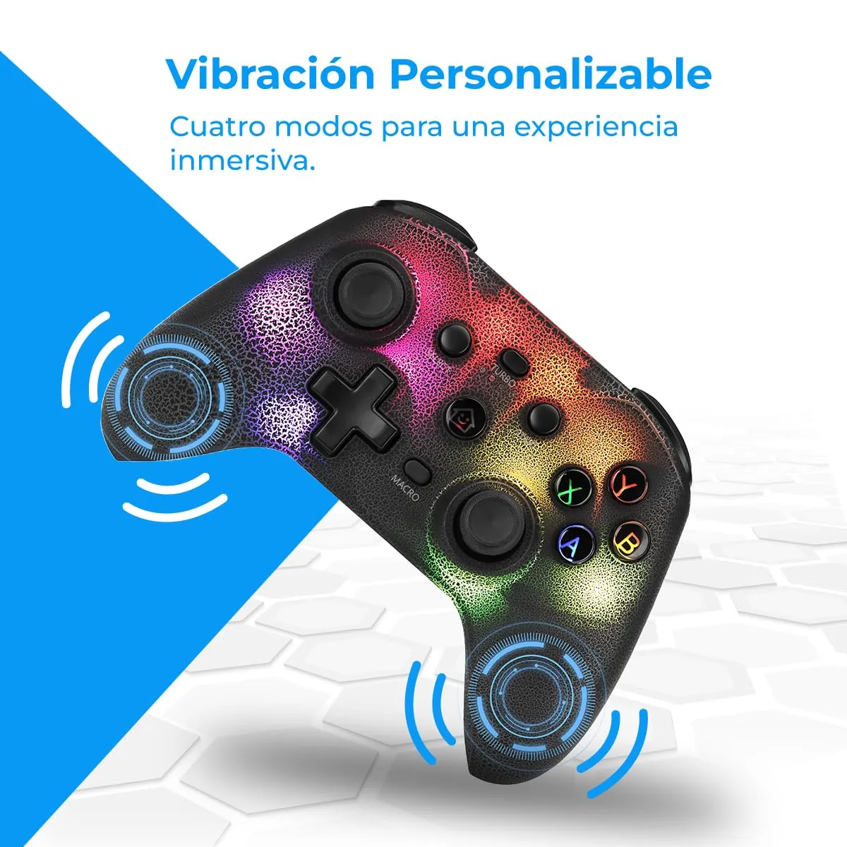NK Controller Switch Wireless- LED RGB regolabile, Compatibile con Switch/PC/Android/iOS, Funzione Turbo, Macro, Bluetooth, 6-Axis, 4 modalità di Vibrazione - Nero (include supporto per smartphone) - immagine 6