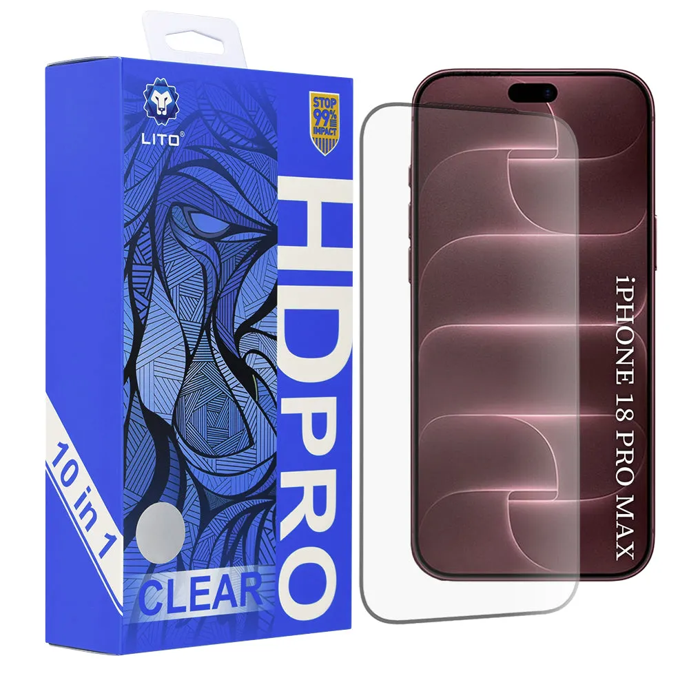 Pellicola protettiva per schermo Lito HD Pro per Apple iPhone 18 Pro Max / 17 Pro Max, vetro temperato, Full Glue, set da 10 pezzi, nera - immagine 1