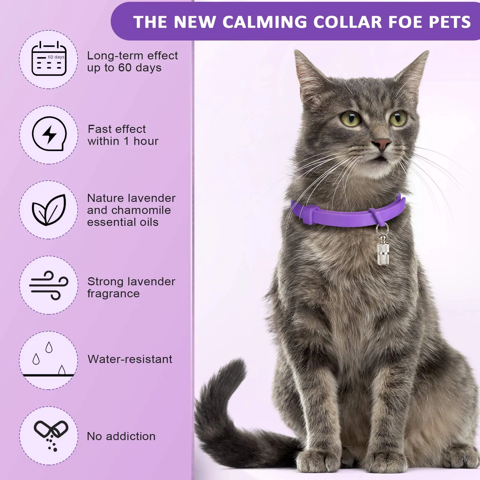 Weewooday Set di 5 collari calmanti per gatti, regolabili, impermeabili, calmanti per gatti, riducono l'ansia e lo stress, con 5 ciondoli identificativi per animali domestici (viola) - immagine 5