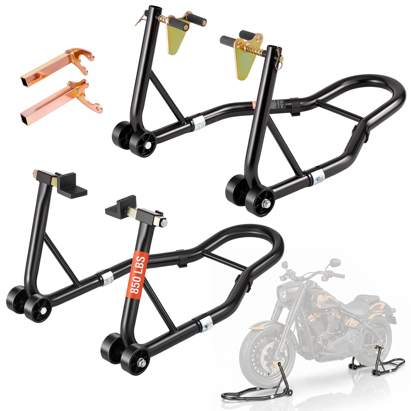 VEVOR Cavalletto per Ruote Posteriore per il Sollevamento della Moto Bici Garage Capacità Carico Max. 390kg, Cavalletto Supporto per Moto Bici da Officina Adatto Testa della Forcella a Doppia U + L