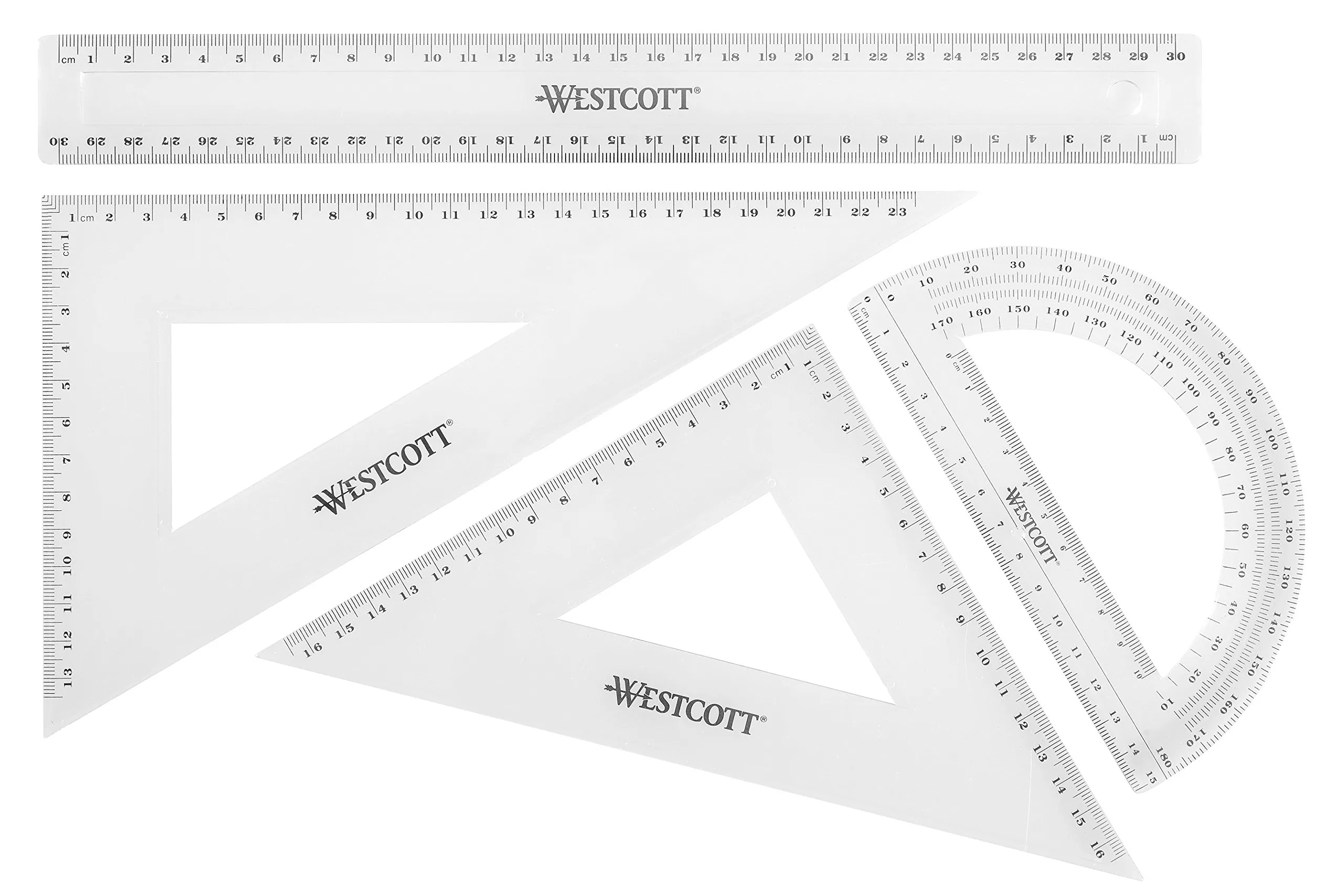Westcott Set geometrico 4 pezzi | Set matematico con righello da 30 cm, triangoli geometrici da 45° e 60°, goniometro da 180° | Plastica trasparente | E-10304 00