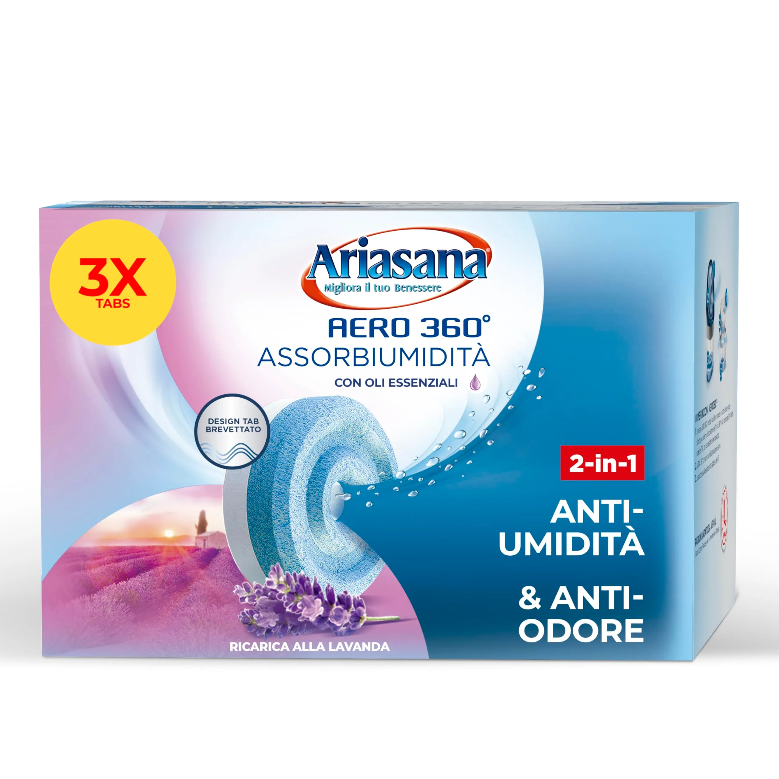 Ariasana Tripack Lavanda, Ariasana Aero 360° Ricarica per Dispositivi con Capacità ≥ 450g, Tab Profumate Assorbi Umidità, Ricarica Tab contro i Cattivi Odori, 1 Confezione da 3 Pezzi da 450g