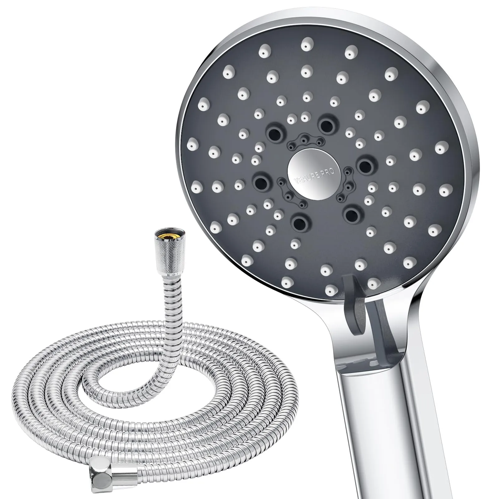 YEAUPE PRO Soffione doccia con 6 tipi di getto, soffione doccia con tubo da 1,6 m, rotondo, con funzione anticalca
