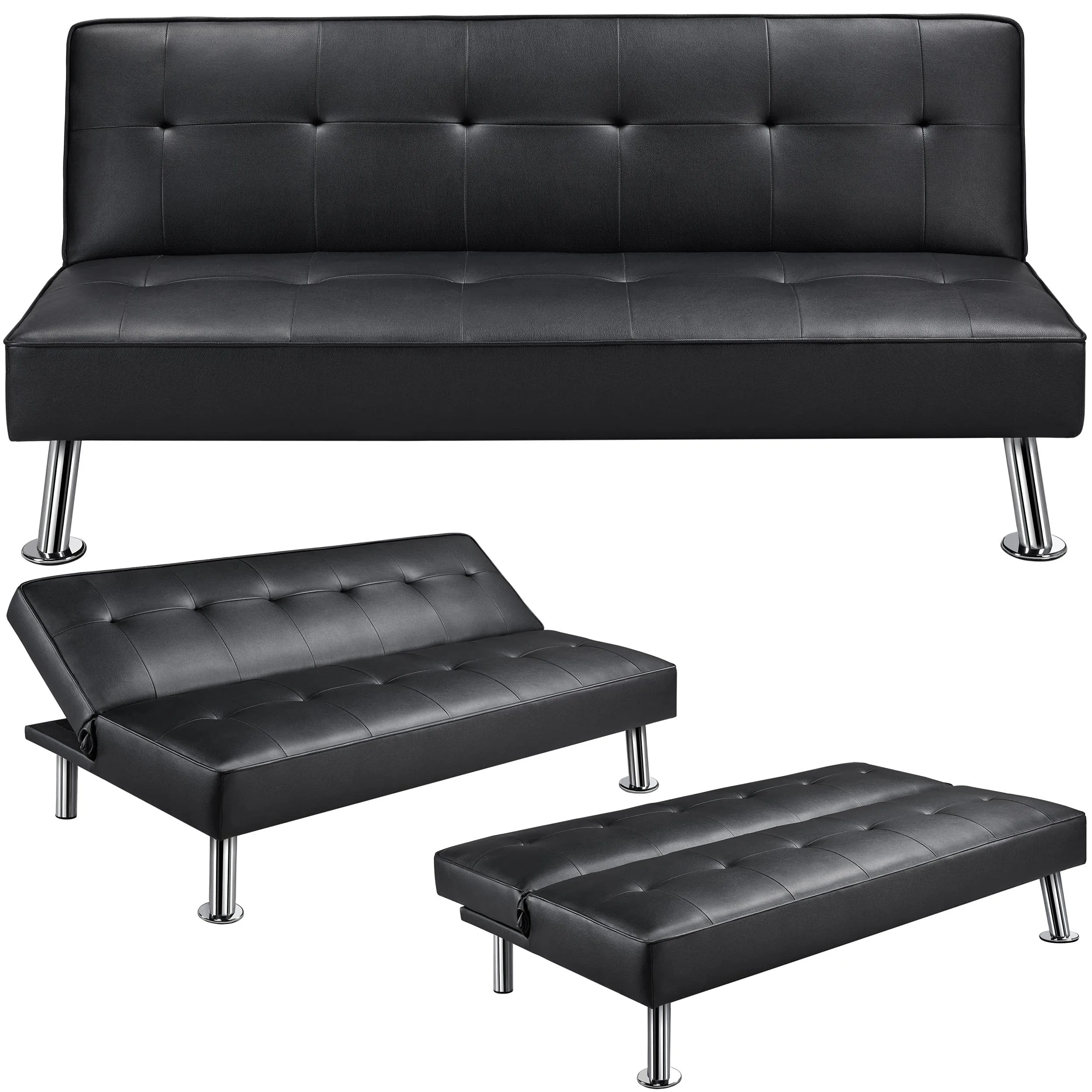 Yaheetech Divano Letto 3 Posti Divano Trasformabile in Letto Nero/Pelle