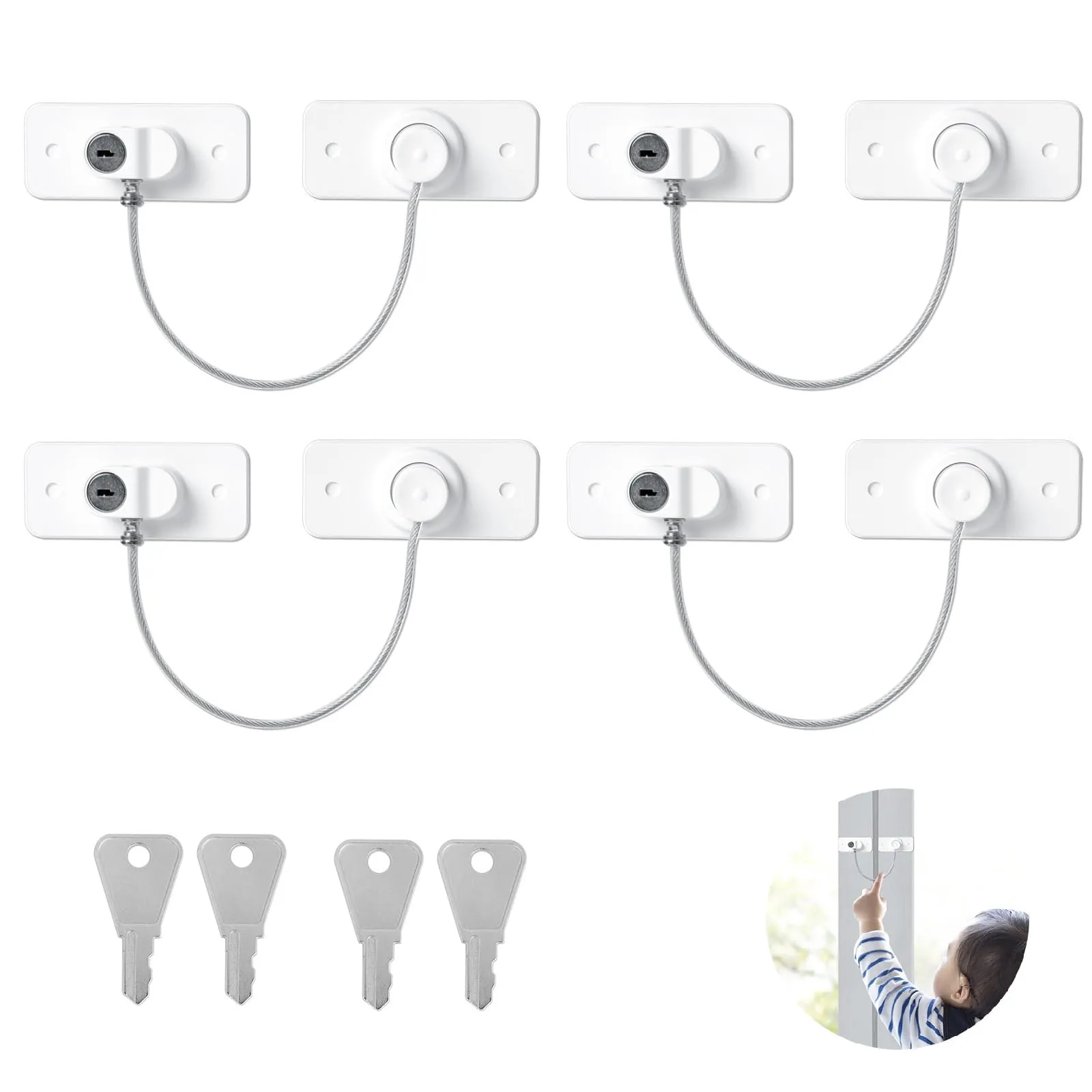 AiQInu 4 Pezzi Lucchetto per Frigorifero con Chiavi, Blocca Finestra Bambini con Adesivo o Vite, Bambini Lucchetto Armadio per Frigorifero, Lavatrice, Mobile, Finestra
