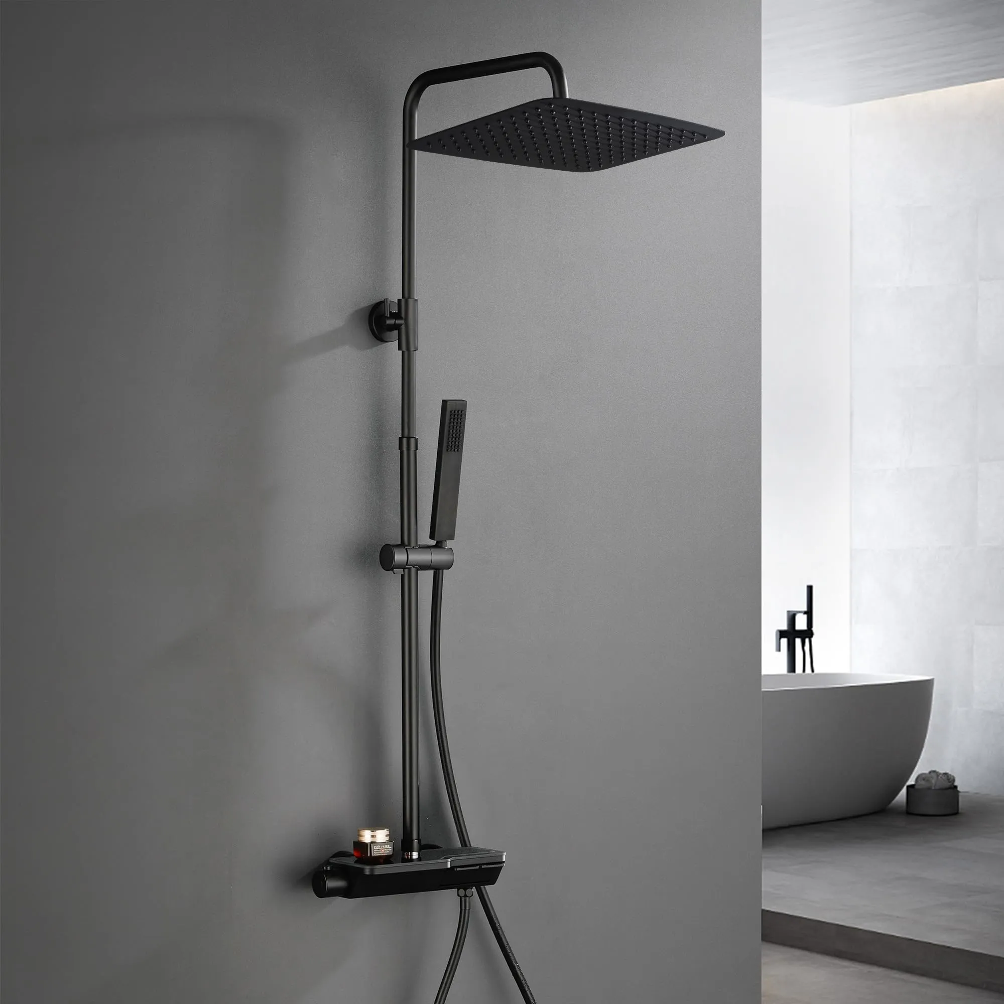 Görbach Colonna Doccia Acciaio Inox con Miscelatore, Colonna Doccia Rubinetto con Asta Doccia Regolabili e Termostatico, Set Doccia a Pioggia con Soffione 35×25 cm Nero