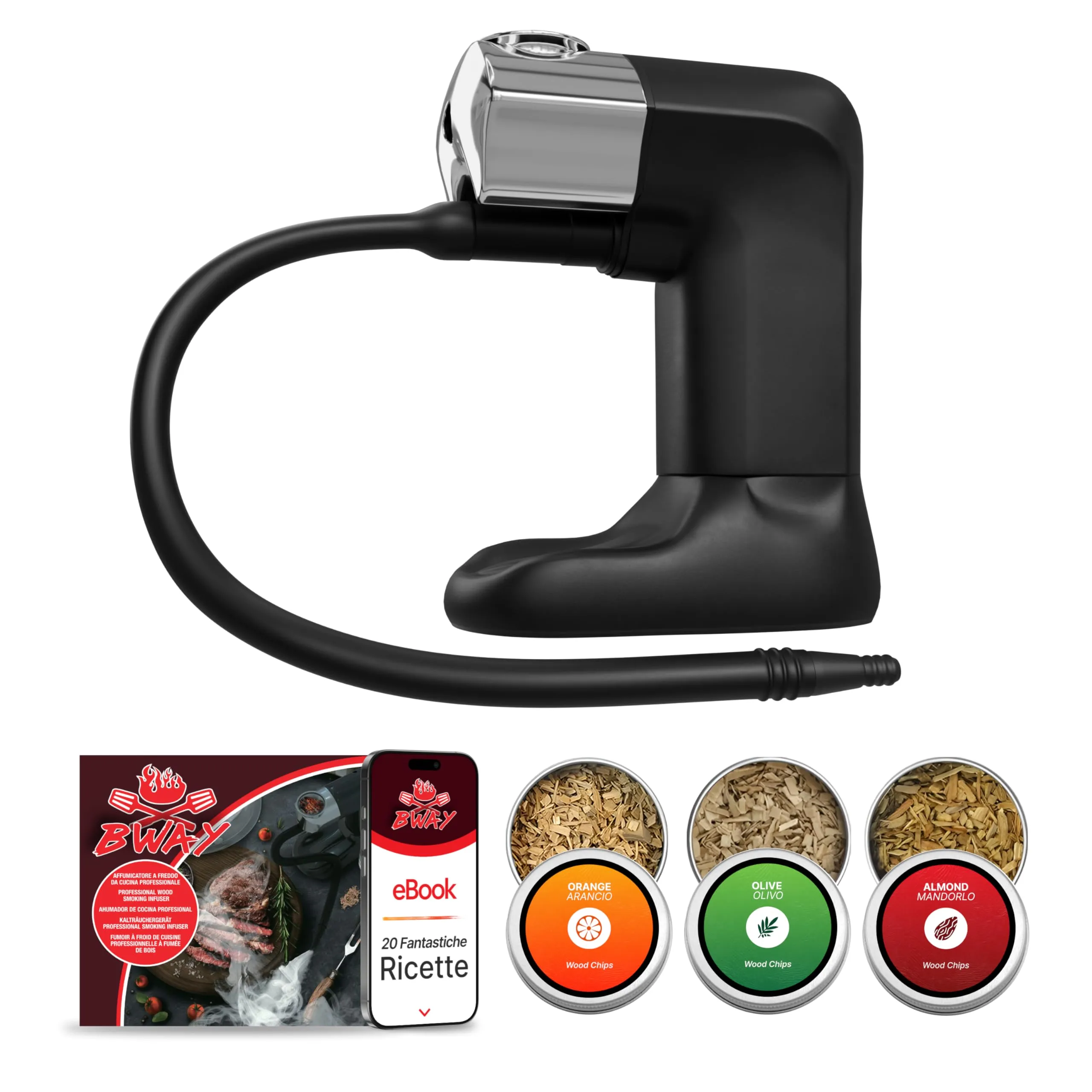 BWAY Affumicatore da Cucina Professionale - Affumicatore a Freddo con Omaggio 3 Aromi di Trucioli per Affumicatura - Smoking Gun per Whisky con Incluso eBook 20 Ricette