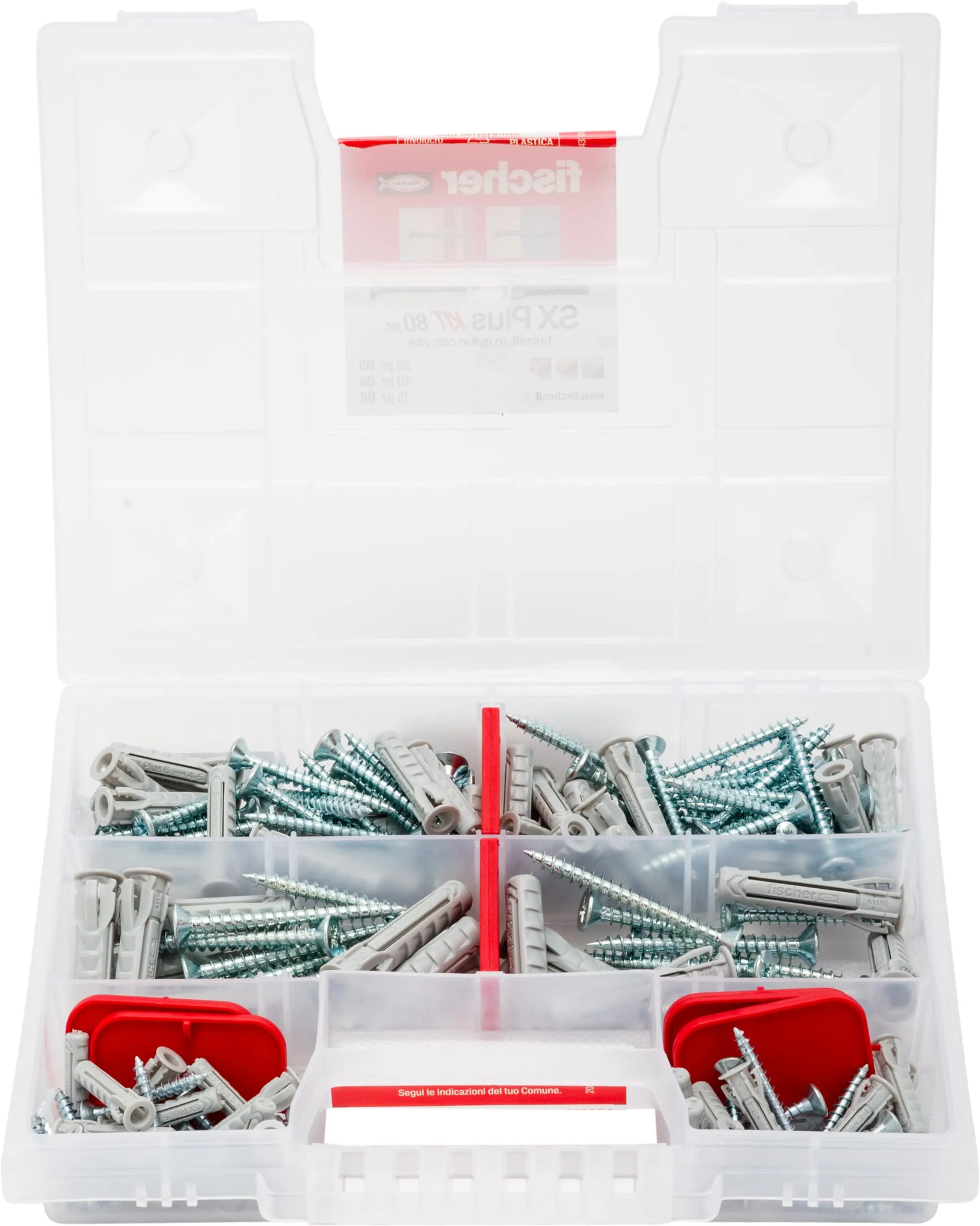 Fischer KIT SX Plus, Valigetta 80 Tasselli con Vite Assortiti per Fissaggio su Muro Pieno e Mattone Forato, 570204