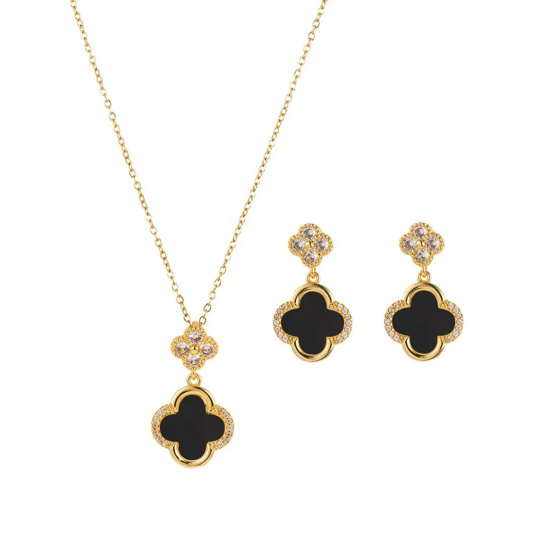 AOWVUTS Parure Gioielli Quadrifoglio 18K Placcato Oro Set di Gioielli da Donna Acciaio al Titanio Fortunati Clover Collana Orecchini Set Parure di Gioielli da Sposa Damigella D'Onore Regalo (A)