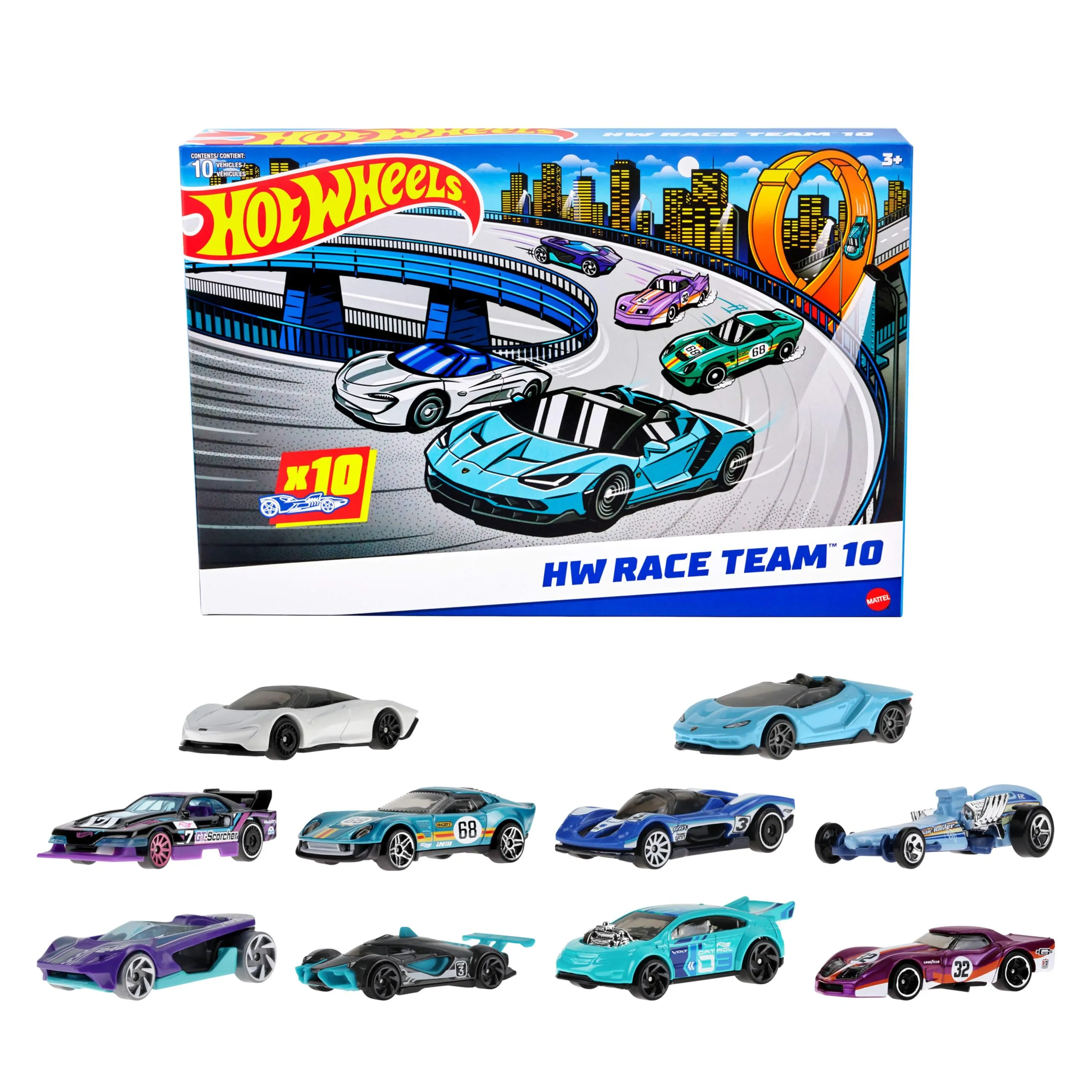 Hot Wheels – Set da 10 auto da corsa (Un set a sorpresa tra stili assortiti), include Corvette, Lamborghini, McLaren e veicoli originali collezione die-cast 1:64, giocattolo 3+, HYM96