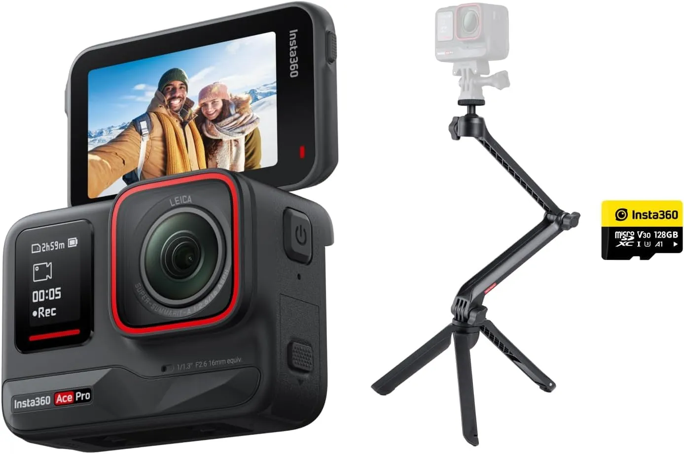 Insta360 Ace Pack Creativo –Action cam impermeabile Co-disegnata con Leica, sensore da 1/1.3" e riduzione del rumore per una qualità d'immagine imbattibile, 4K120fps, schermo orientabile da 2,4"
