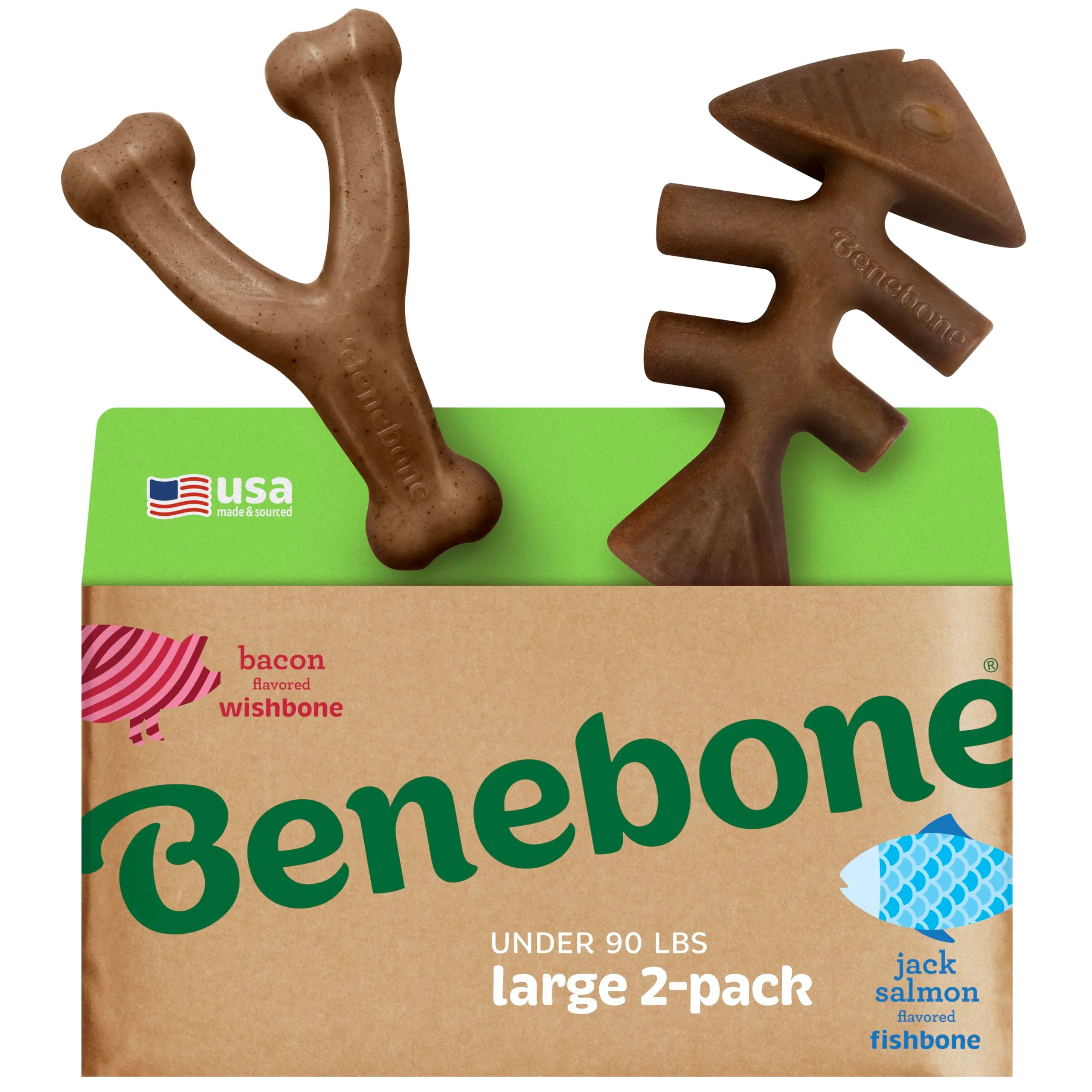 Benebone Conf. da 2 Fishbone/Wishbone Giochi Resistenti, Ossa, Grande