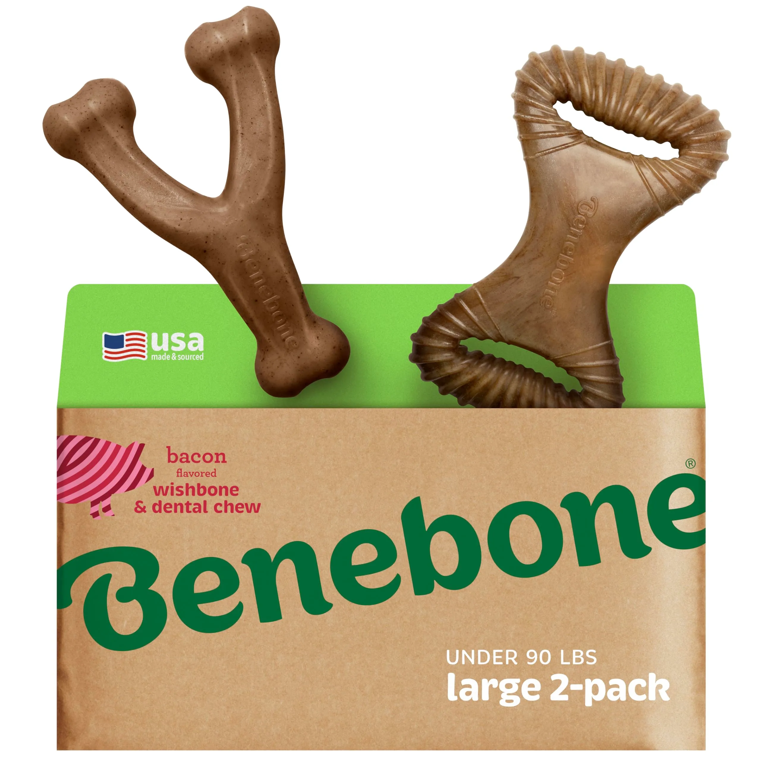 Benebone Conf. da 2 Wishbone/Dental Giochi Resistenti, Bacon Reale, Grande
