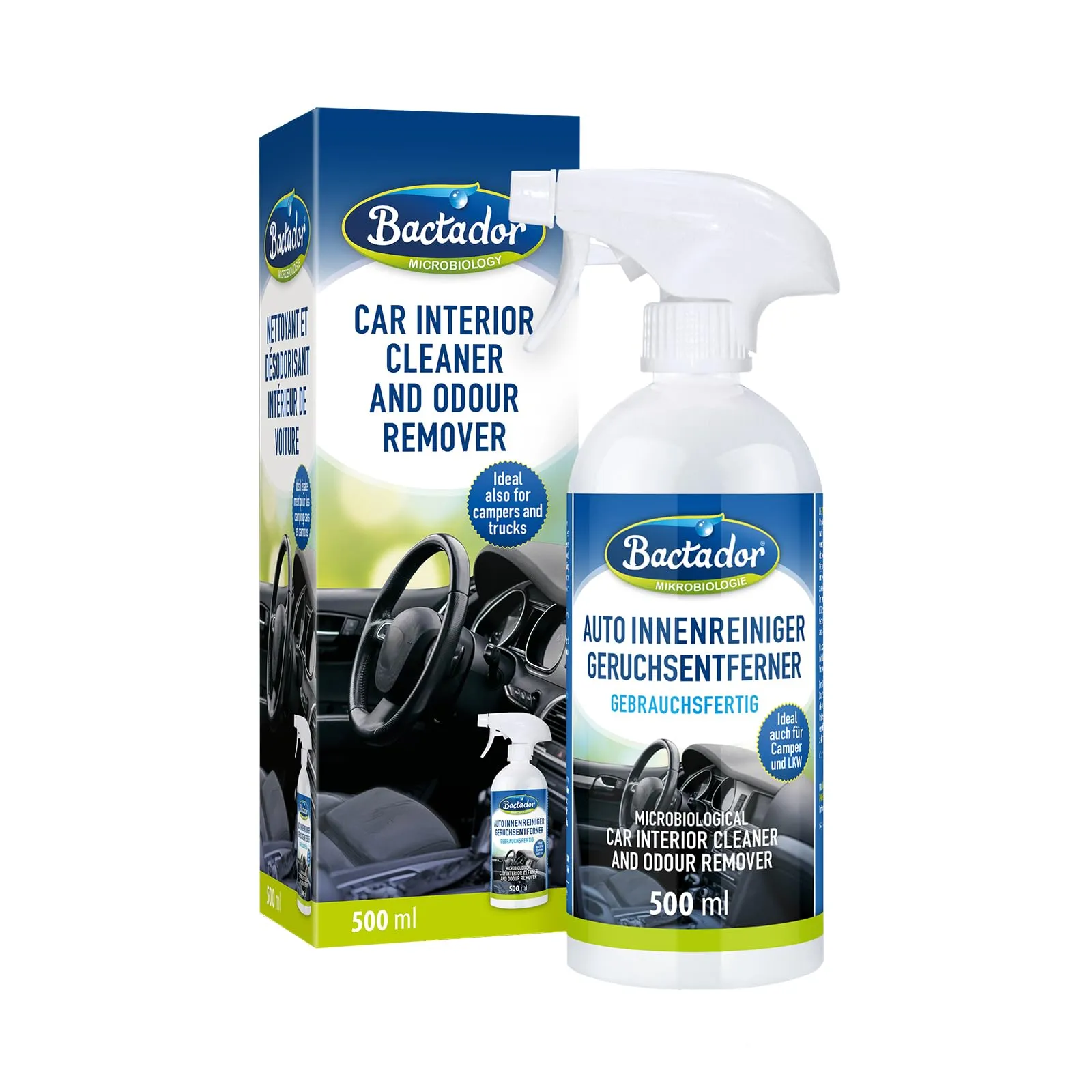 Bactador detergente e rimuovi odori per auto 500 ml - Detergente microbiologico per interni e rimuovi odori per auto - Affidabile per gli odori di animali domestici