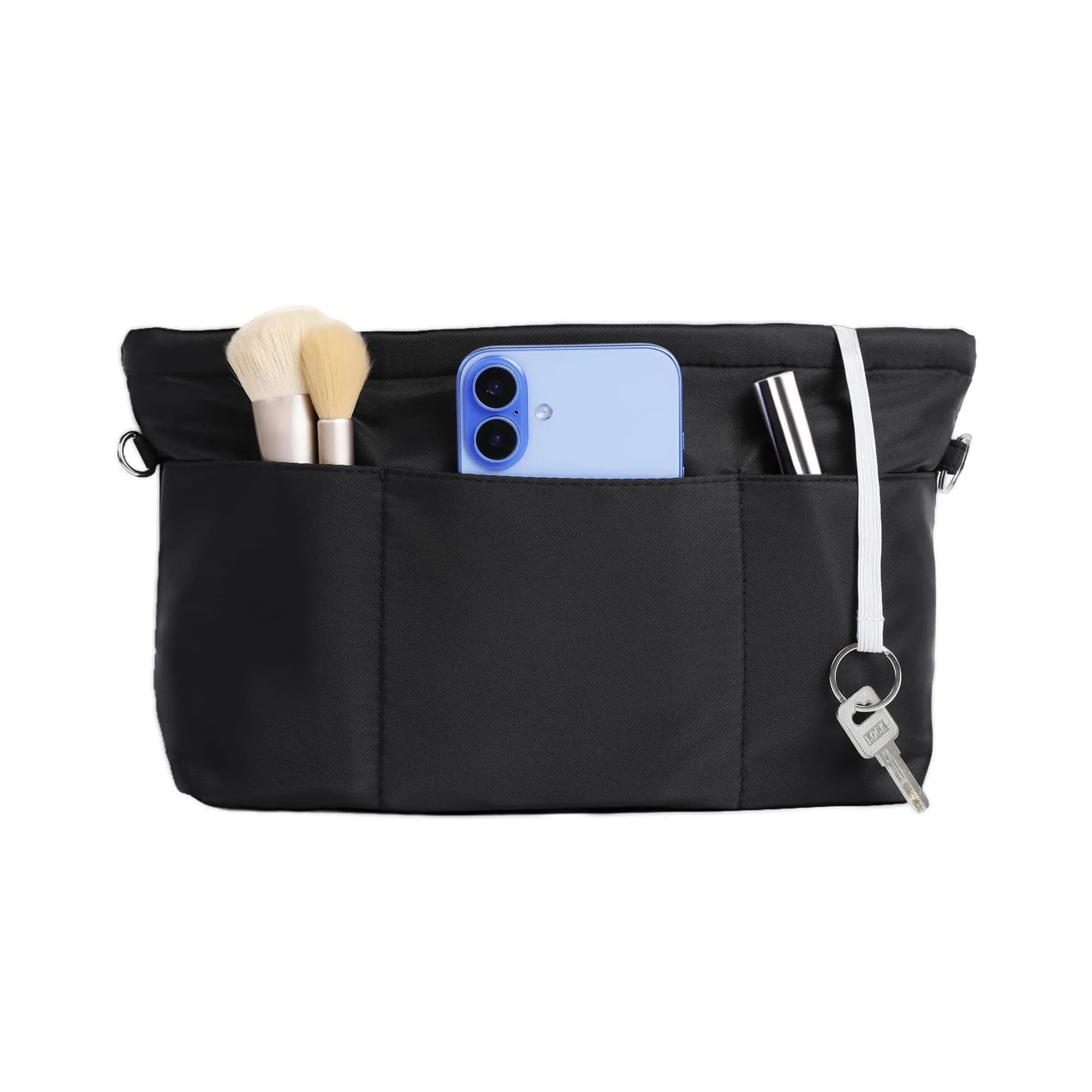 Cozary Organizer Borsa Donna Piccolo S - Organizzatore in Nylon con Portachiavi, 6 Tasche Esterne e 6 Scomparti Interni (1 con zip), per Borsa da Donna, 24x9x13 cm, Nero