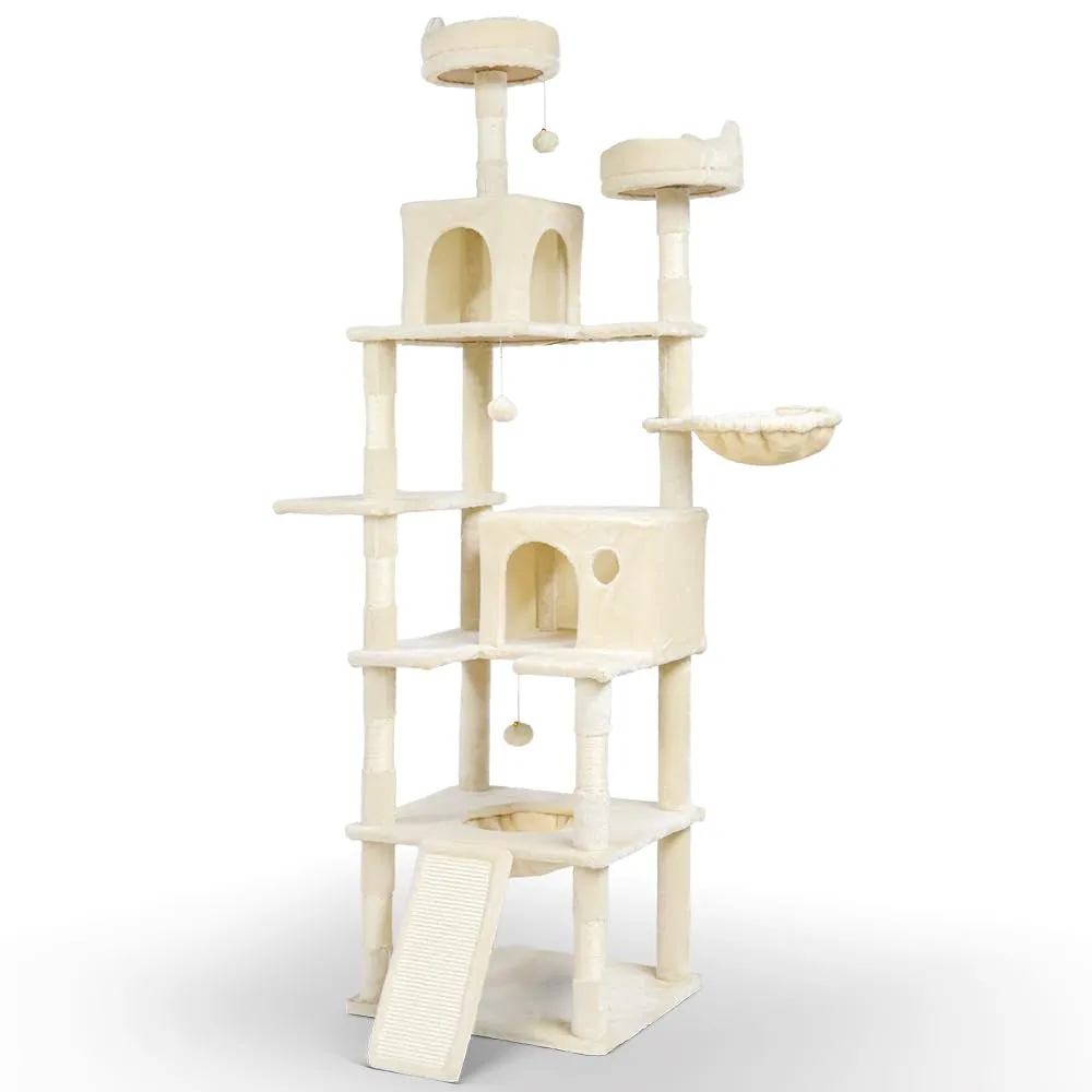 VOUNOT® Castello per Gatti XXL con Tiragraffi, Albero per Gatti con 2 Trespoli e 3 Piattaforme, Accessori Inclusi, Altezza 215cm, Beige