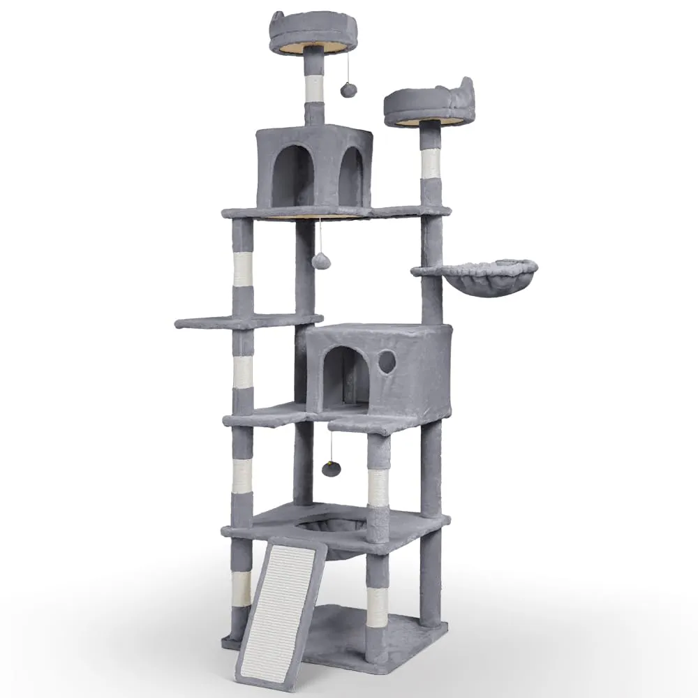 VOUNOT® Castello per Gatti XXL con Tiragraffi, Albero per Gatti con 2 Trespoli e 3 Piattaforme, Accessori Inclusi, Altezza 215cm, Grigio