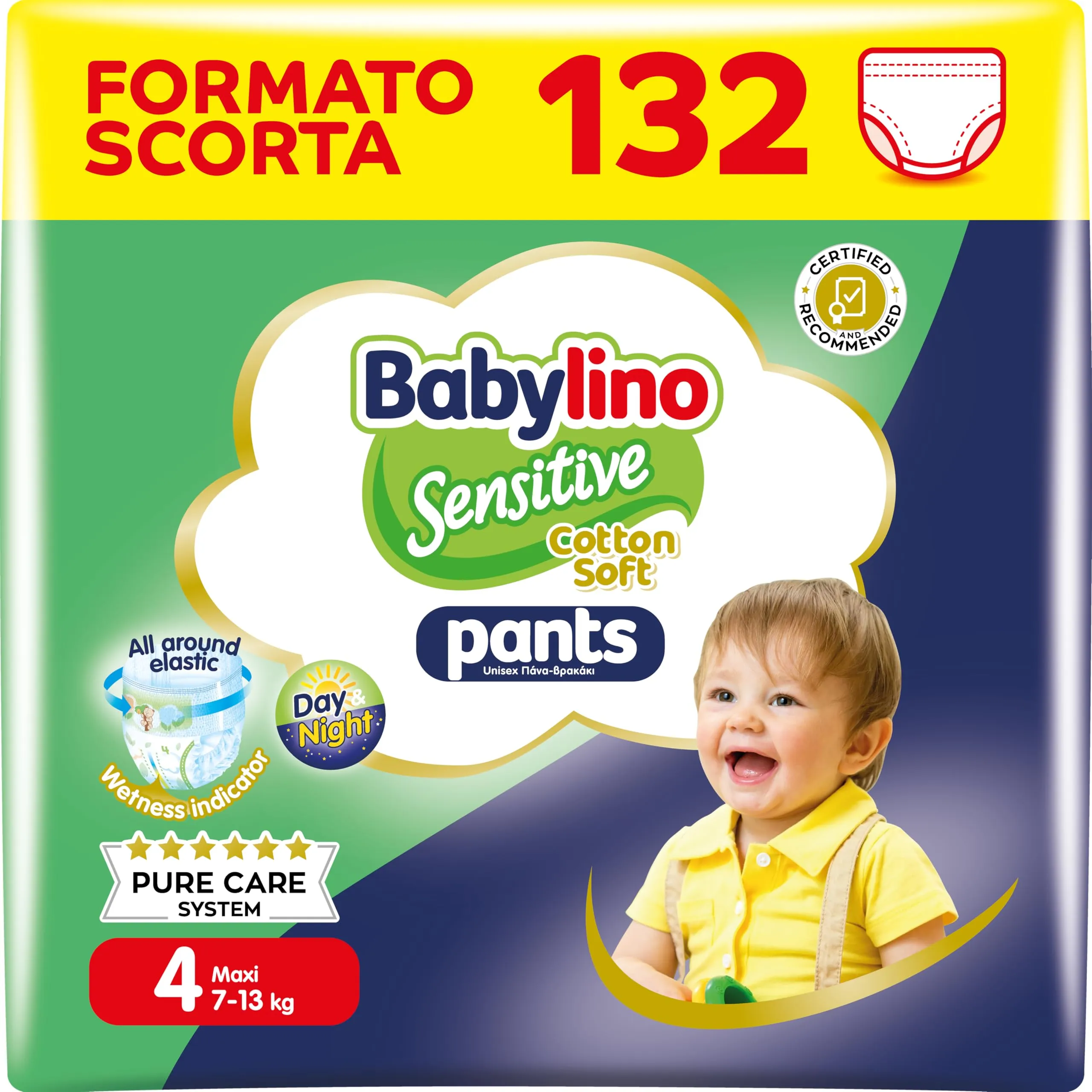 Babylino Sensitive Cotton Soft Pannolini Mutandina Taglia 4, Pants Maxi (7-13kg), 132 Unità