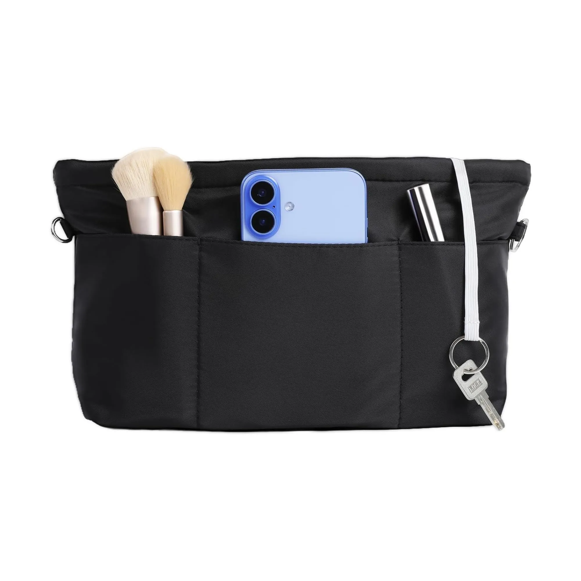 Cozary Organizer Borsa Donna Piccolo M - Organizzatore in Nylon con Portachiavi, 6 Tasche Esterne e 6 Scomparti Interni (1 con zip), per Borsa da Donna, 26x10x14 cm, Nero
