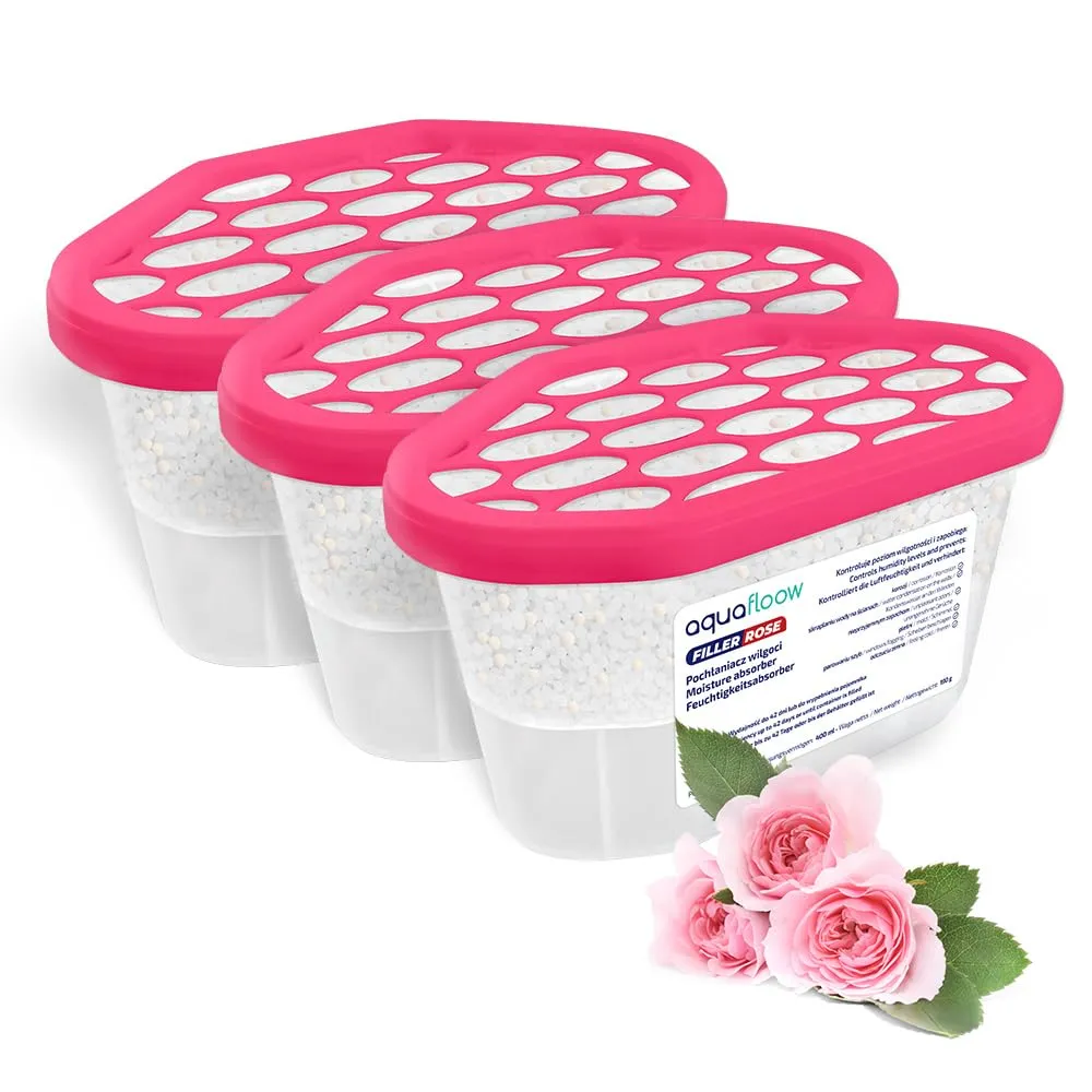 Aquafloow Assorbitore di Umidità per Ambienti 400 ml, Riduce l'umidità, 3 Pezzi ROSE | Neutralizzatore di Odori, Deumidificatore per Cucina, Armadio, Bagno e Studio