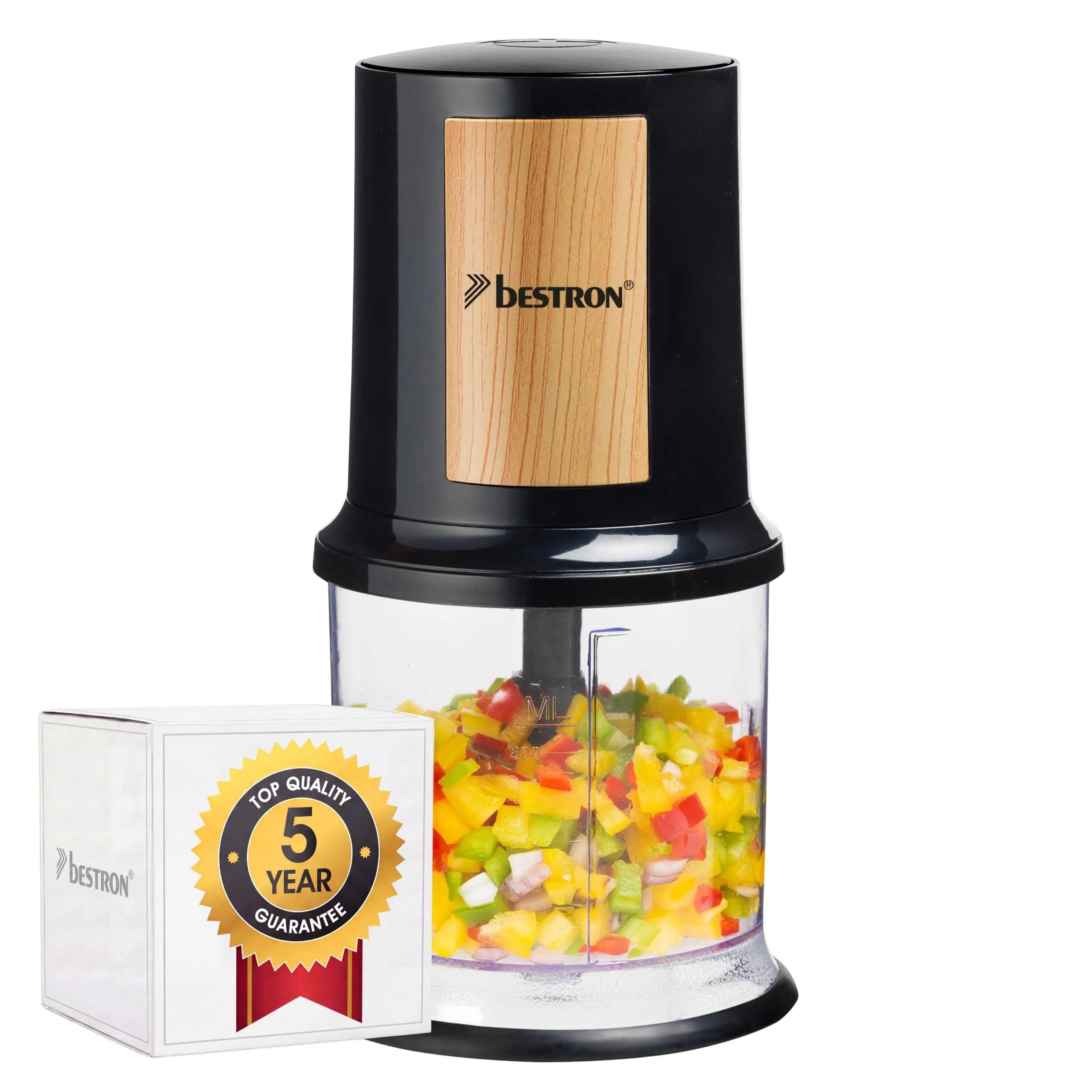 Bestron Tritatutto elettrico, tritatutto universale con due coltelli da taglio e capacità 500 ml, grande pulsante a pulsante, 400 Watt, collezione Black & Wood, colore: nero/legno