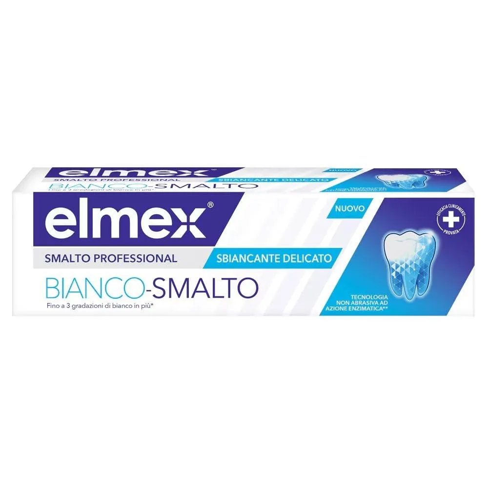 Dentifricio Elmex Bianco Smalto Sbiancante Delicato 75ml, Rimuove le Macchie Superficiali Ostinate, Tecnologia Non Abrasiva, Sicuro per lo Smalto, Clinicamente Provato, Agenti Detergenti e Purificanti