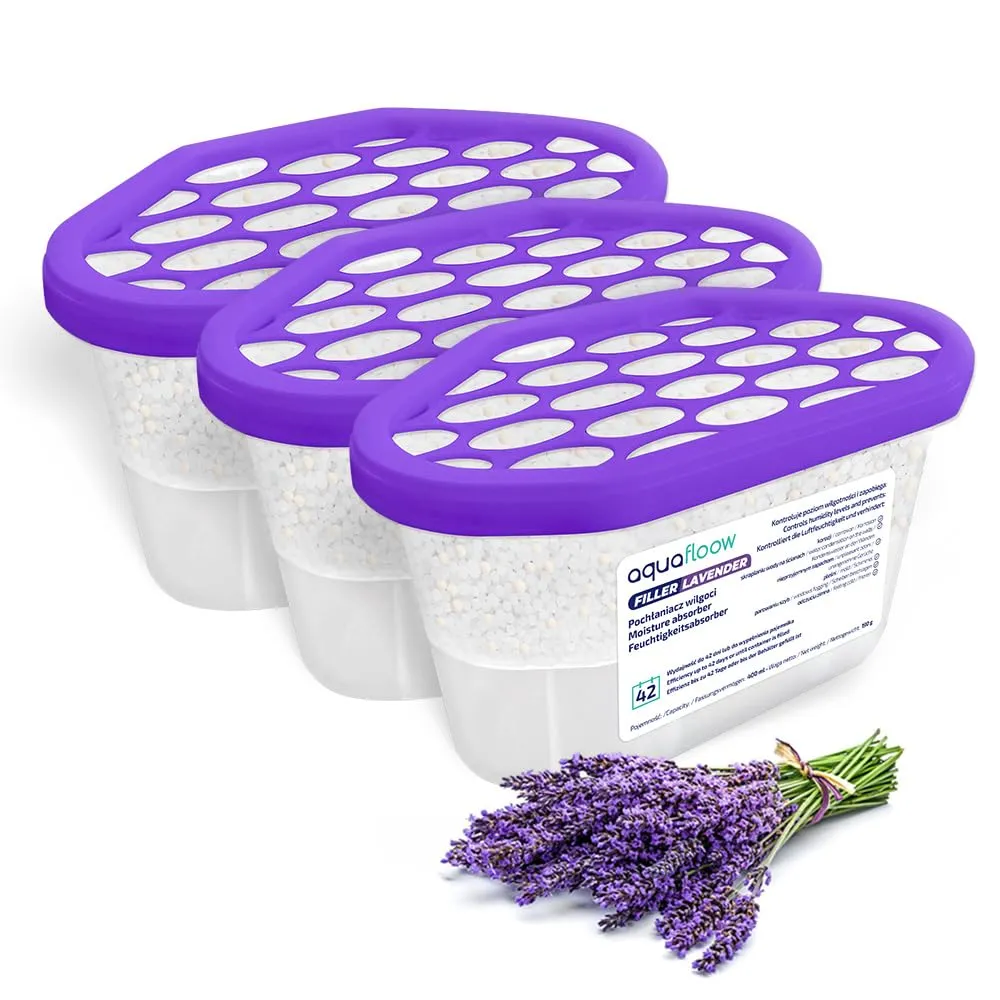 Aquafloow Assorbitore di Umidità per Ambienti 400 ml, Riduce l'umidità, 3 Pezzi LAVENDER | Neutralizzatore di Odori, Deumidificatore per Cucina, Armadio, Bagno e Studio