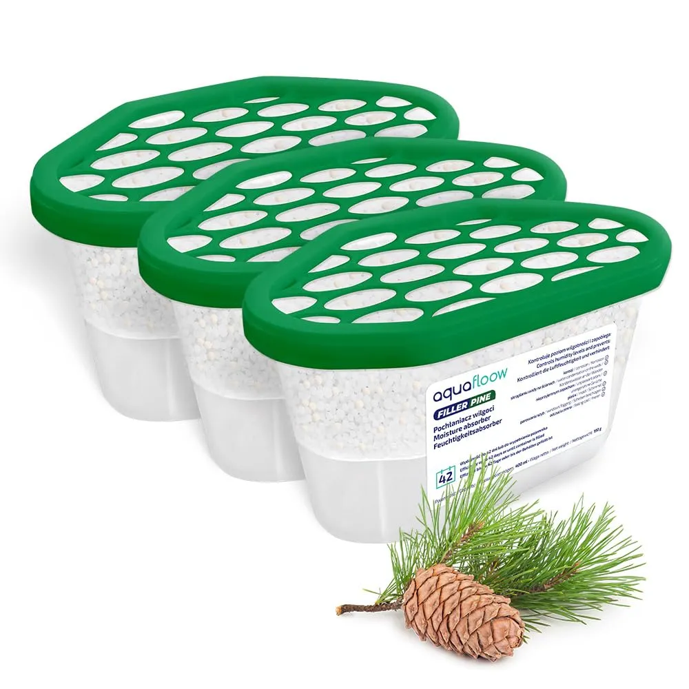Aquafloow Assorbitore di Umidità per Ambienti 400 ml, Riduce l'umidità, 3 Pezzi PINE | Neutralizzatore di Odori, Deumidificatore per Cucina, Armadio, Bagno e Studio