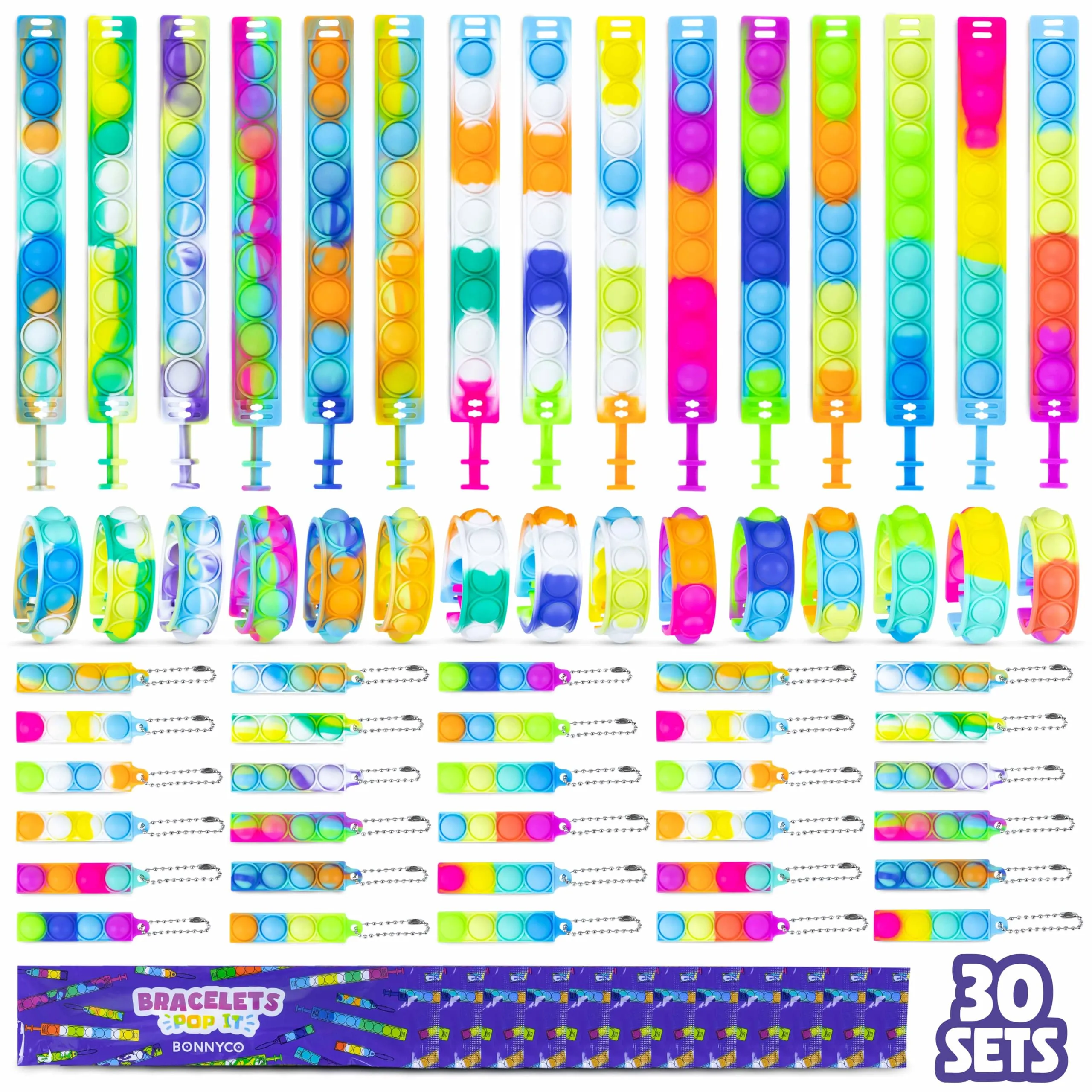 BONNYCO Braccialetti e Portachiavi Pack 30 Pop It Gadget Compleanno Bambini