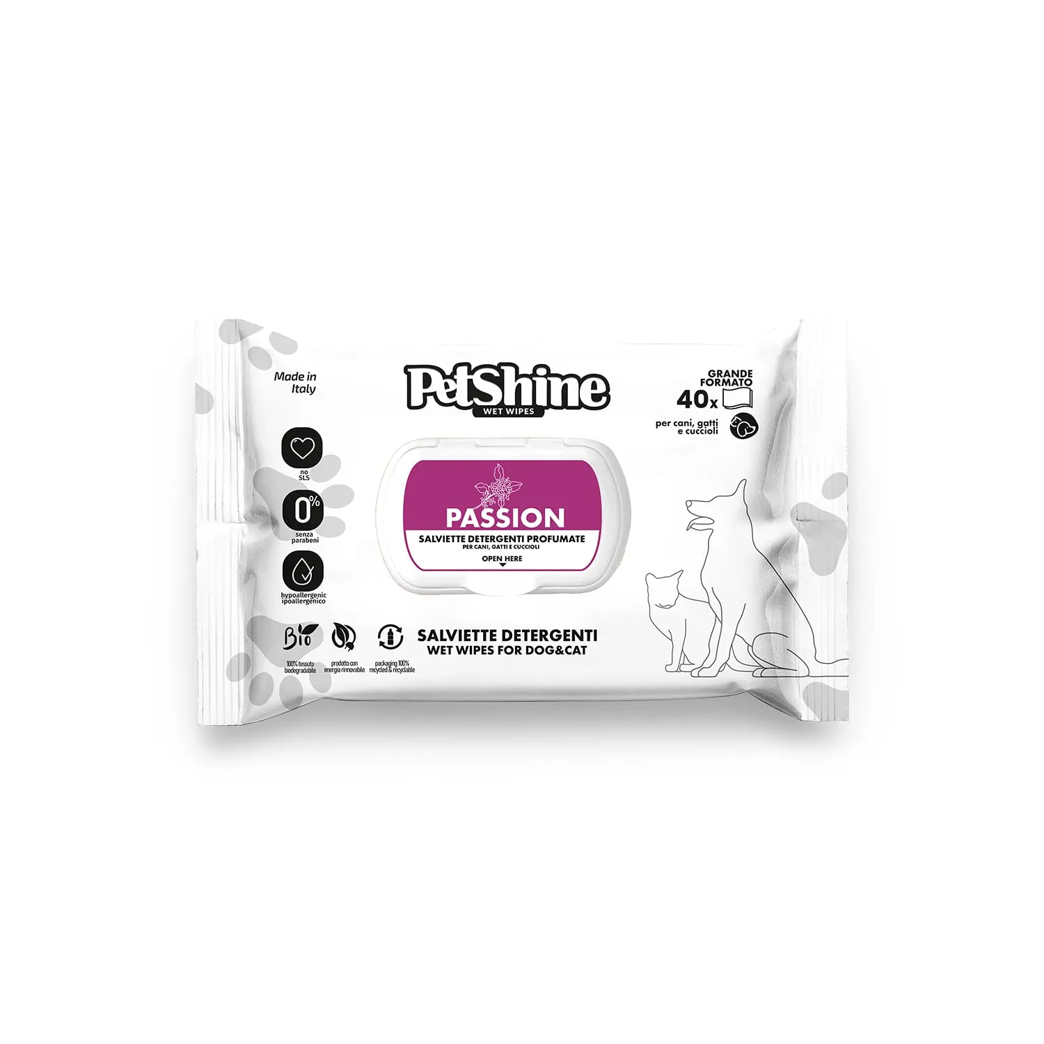 PorRini - Salviette igieniche per Cani e Gatti, Passione, 40 Pezzi, Pulizia Delicata ed Efficace, elimina odori e rinfresca la Pelliccia degli Animali Domestici