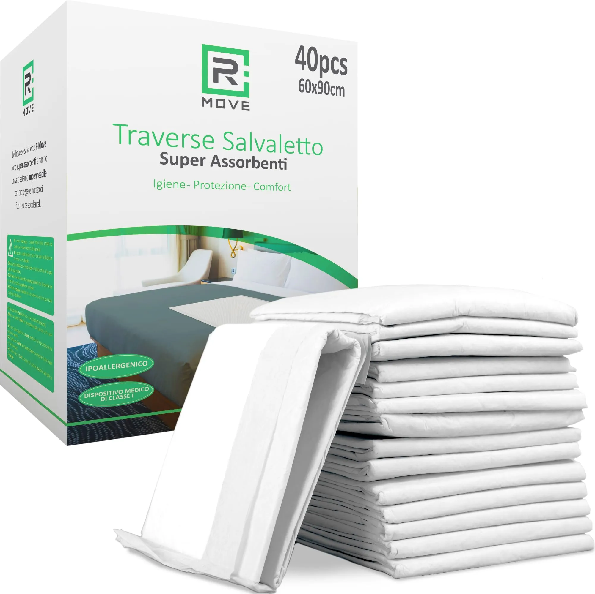 R MOVE 40 traverse letto 60x90 cm per Bambini ed Anziani, traversine neonato fasciatoio, teli monouso, traversa, telini igienici usa e getta, traversina cambio pannolino (60x90cm (Confezione da 40))