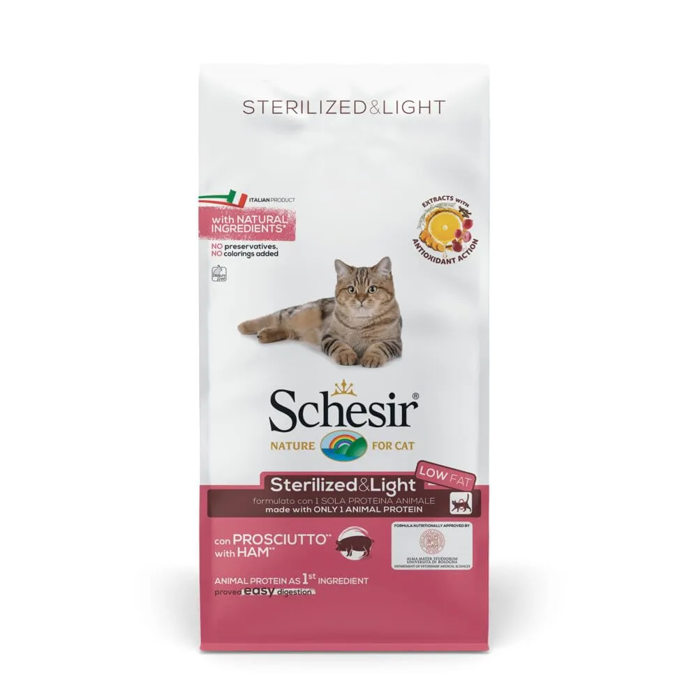 Schesir Linea Light- Cibo Secco per Gatti Adulti Sterilizzati, con Prosciutto, Sacco da 10 Kg